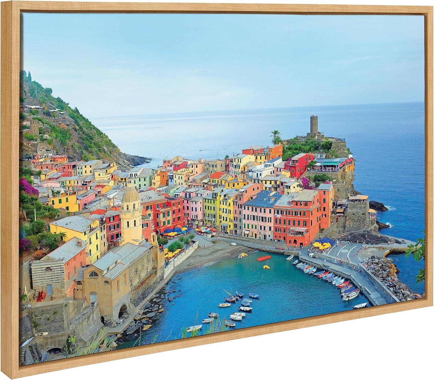 Kate and Laurel Sylvie Cinque Terre 2 Framed Canvas Wall Art by Rachel Dowd, 23x33 Natural, Modern Scenic Cityscape Photograph for Wall Decor