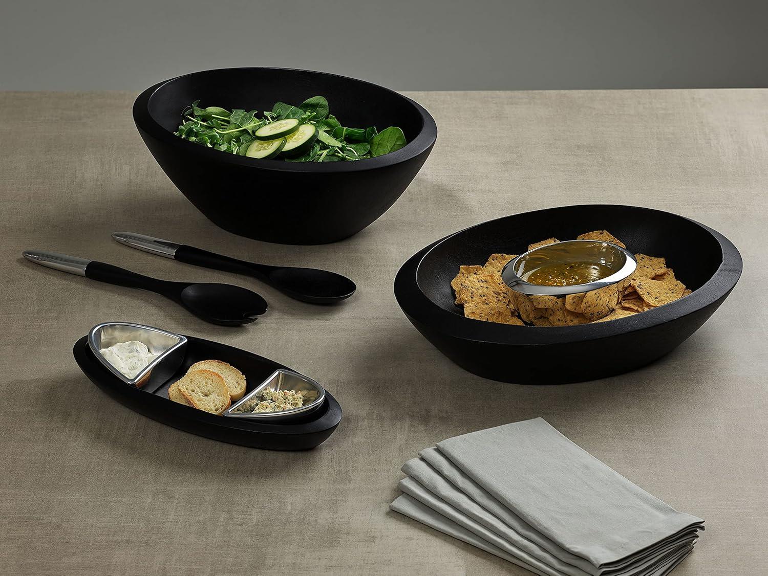 Nambe - Noir Collection Dark Stained Acacia Wood Chip & Dip Serving Bowl with Nambe Alloy Dip Bowl #MT1468