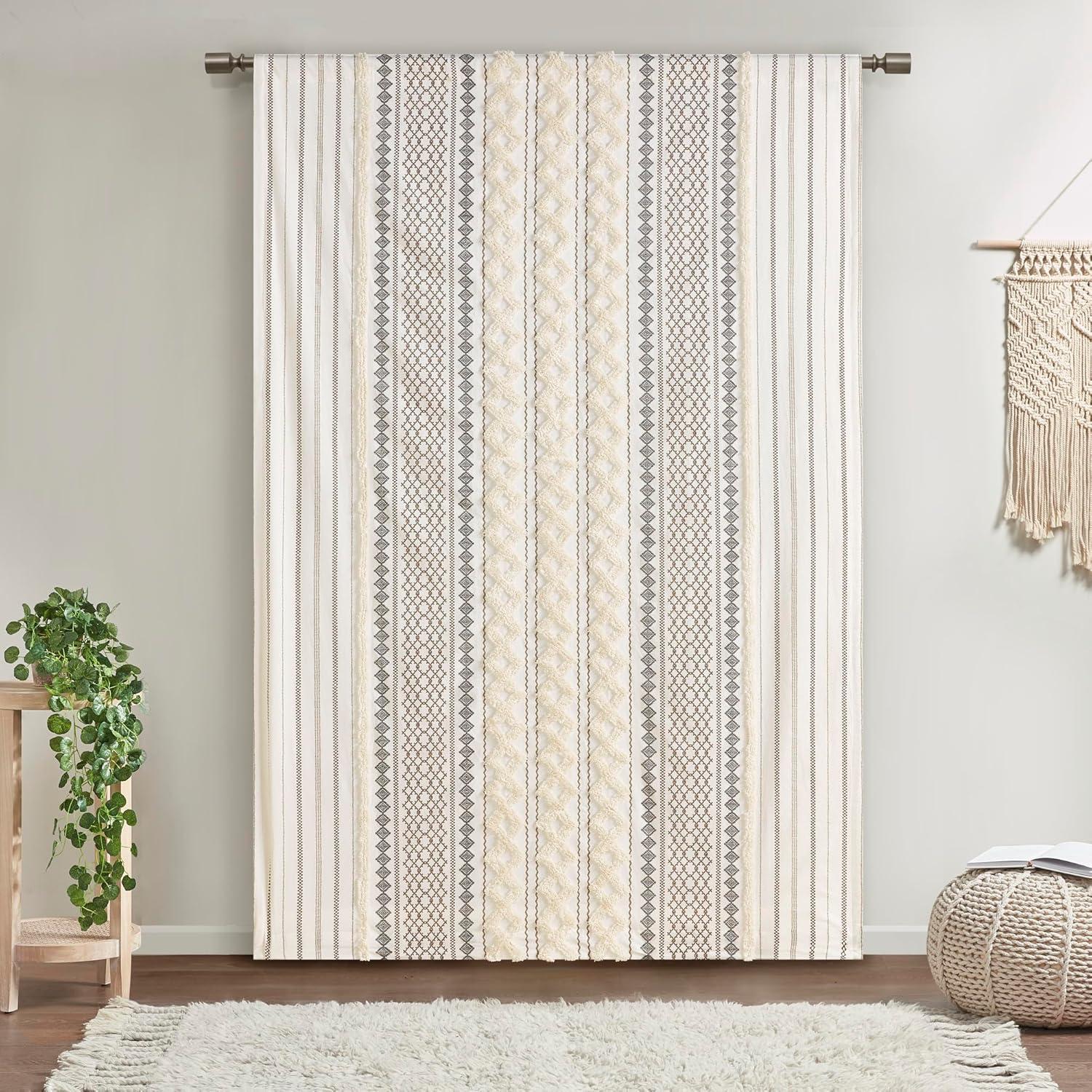 INK+IVY Imani Cotton Printed Curtain Panel with Chenille Stripe and Lining, Ivory, 50x95"