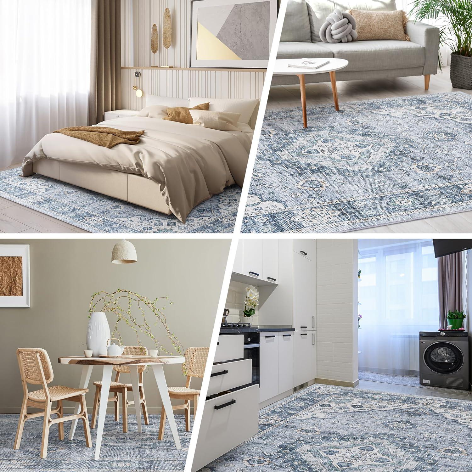 GlowSol 8x10 Floral Area Rug for Living Room Bedroom Retro Distressed Area Rug Traditional Medallion Non-Slip Low Pile Carpet Floor Decoration, Blue