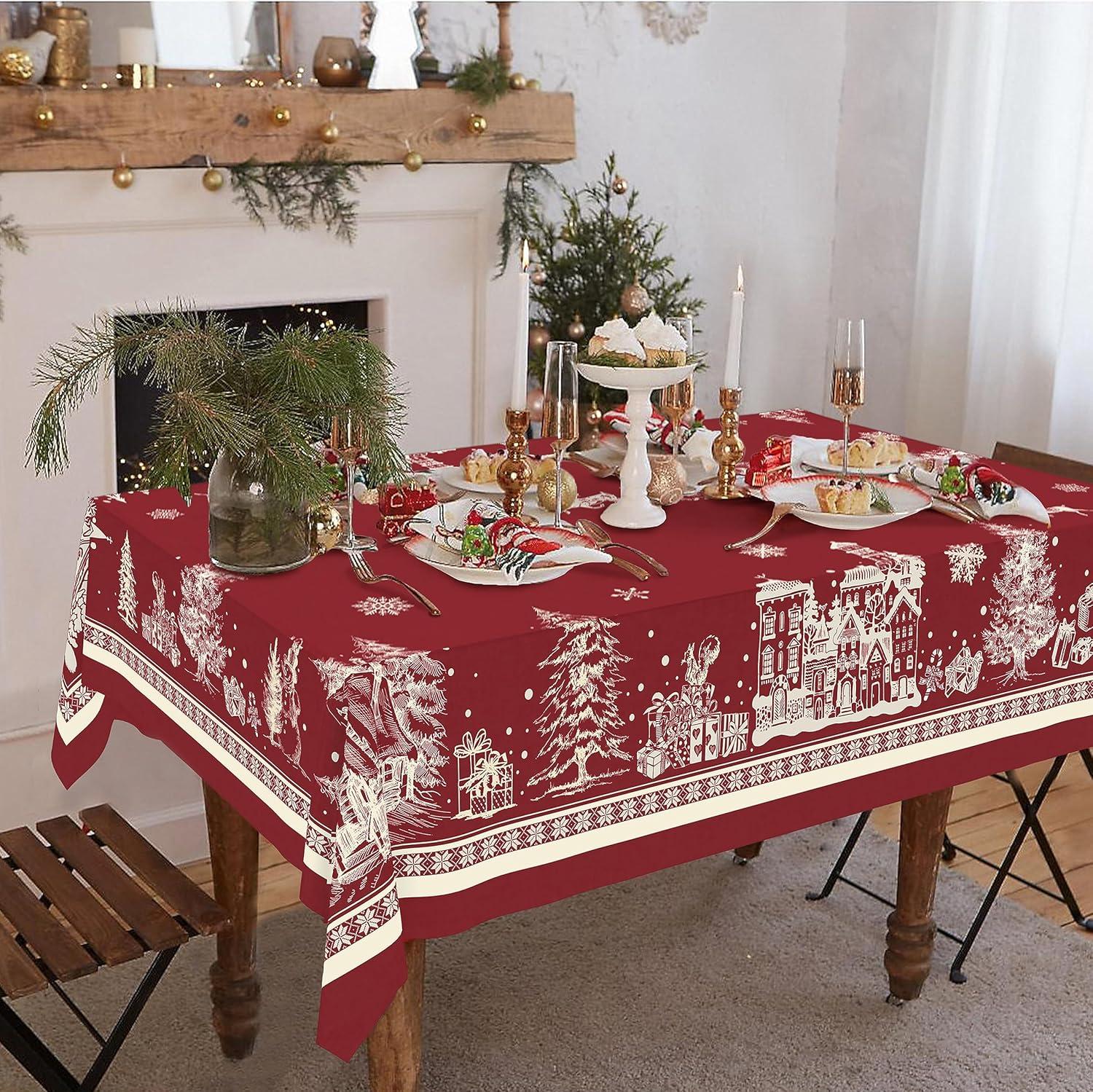 Rectangle Christmas Tablecloth 60x84In,Christmas Tree Elk Santa Snowflake Red Christmas Tablecloth,Polyester Waterproof Wrinkle Resistant Durable Table cloth for Holiday,Kitchen,Winter and Home Decor