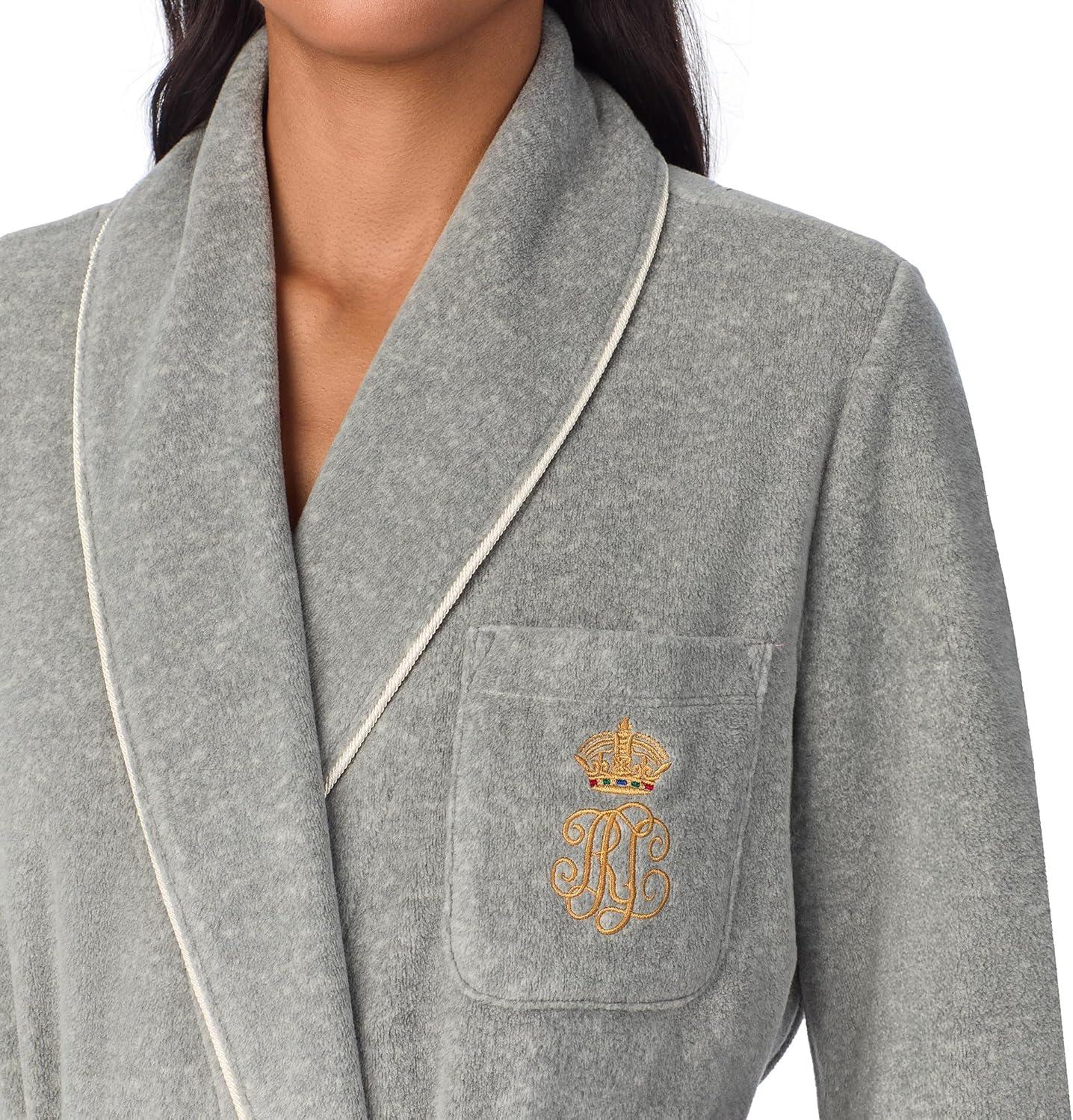 Grey Heather Shawl Collar Fleece Robe with Pockets