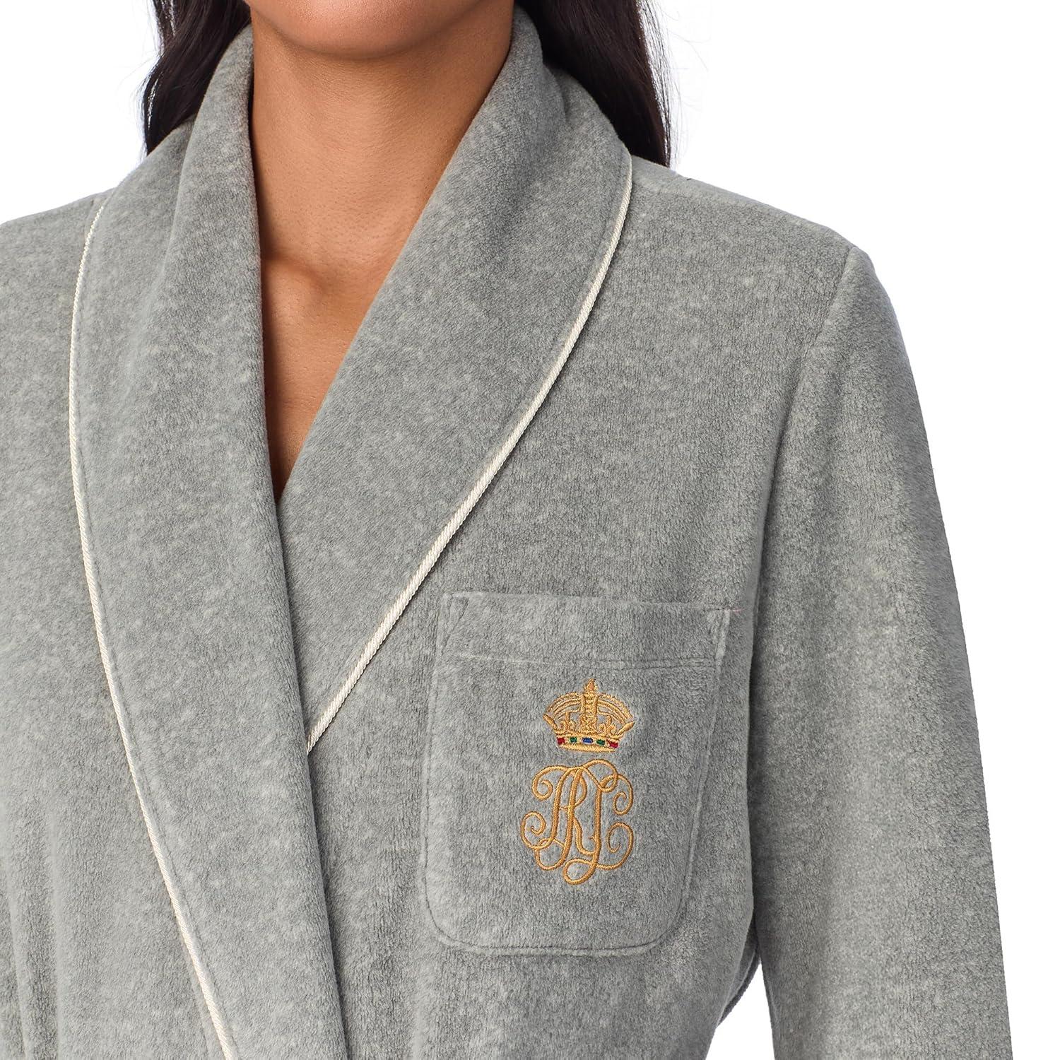 Grey Heather Shawl Collar Fleece Robe with Pockets