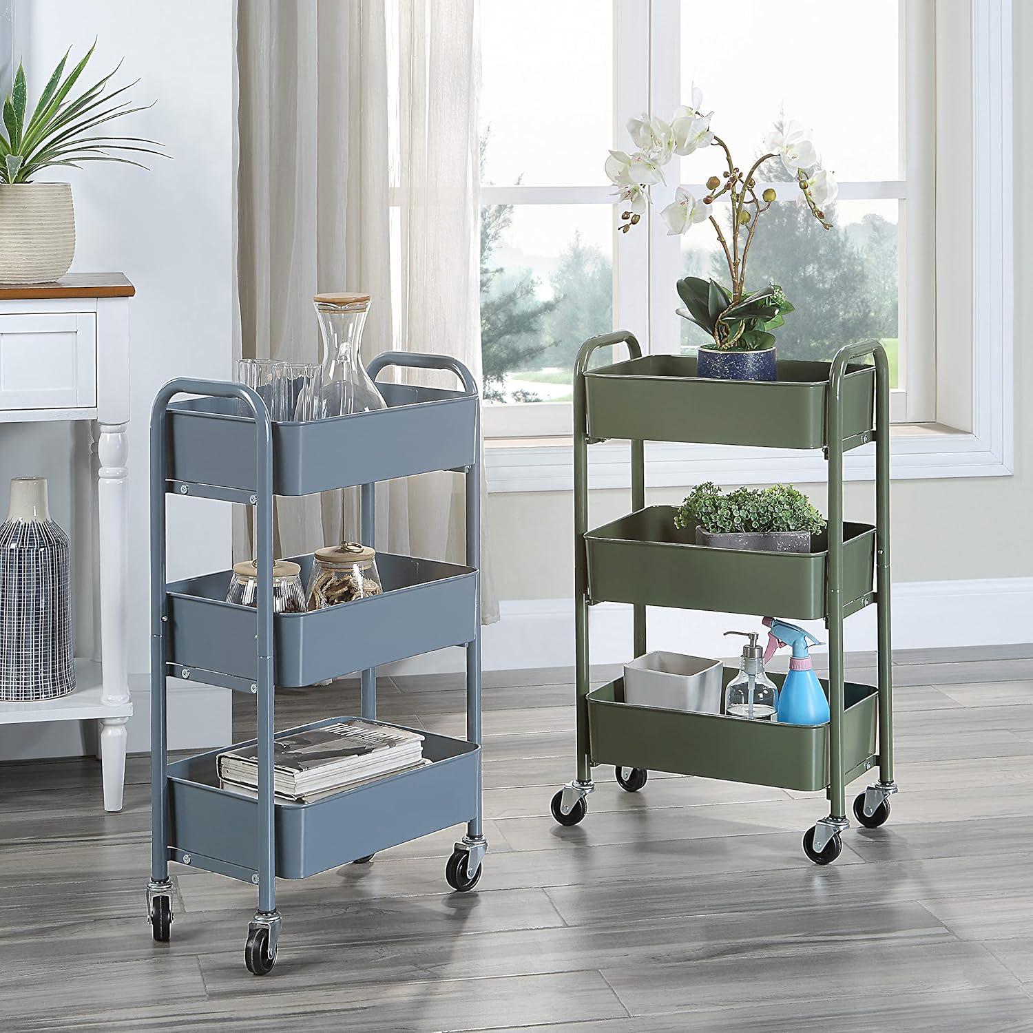 Army Green Metal 3-Tier Rolling Storage Cart