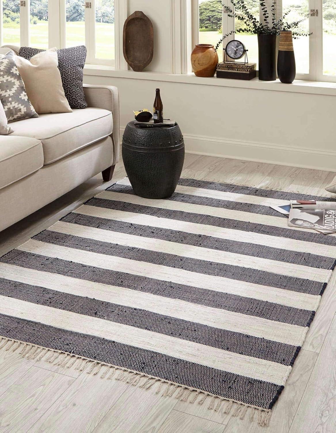 Unique Loom Chindi Rag Collection Area Rug - Striped (8'  x 10' Rectangle Navy Blue/Ivory)