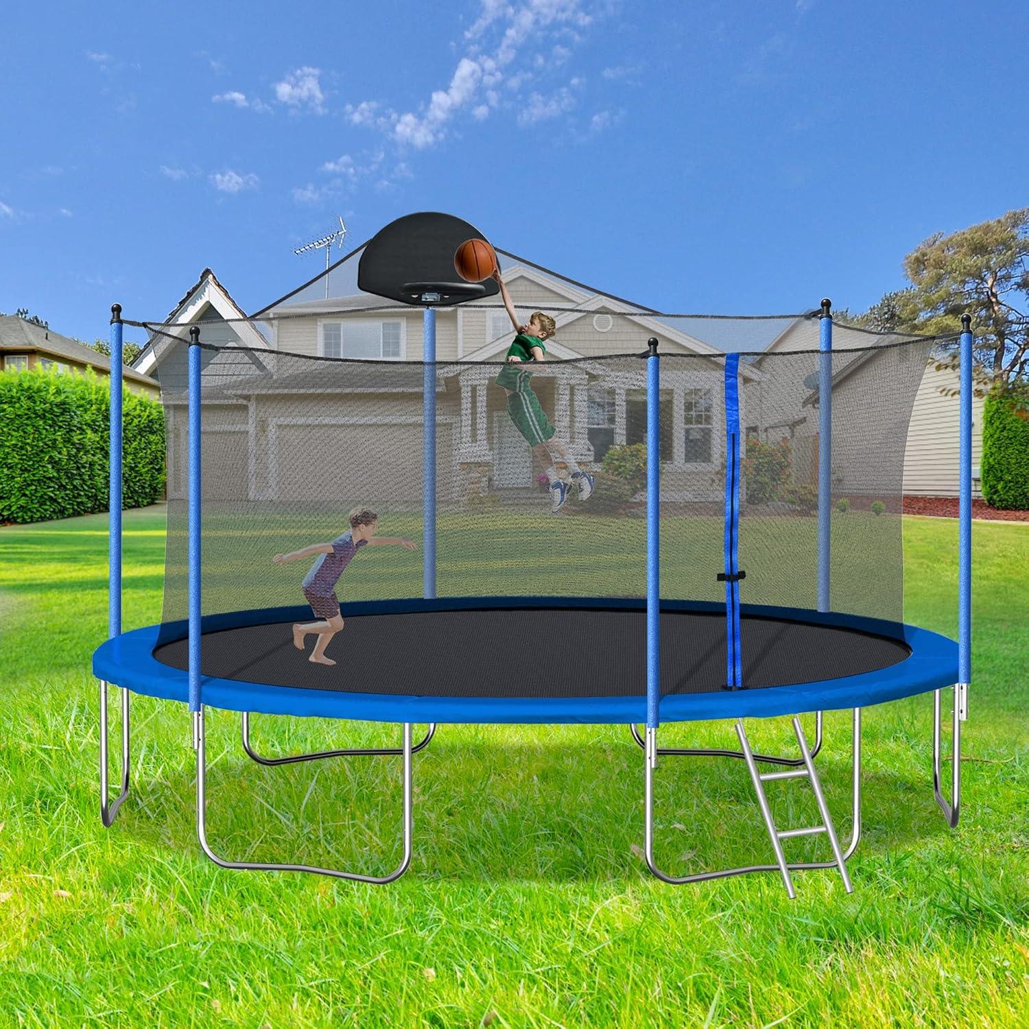 14 FT Trampoline Outdoor with Basketball Hoop, Backyard Trampoline with Enclosure Net, Heavy Duty Large Trampoline for Kids and Adults, Double-side Color cover