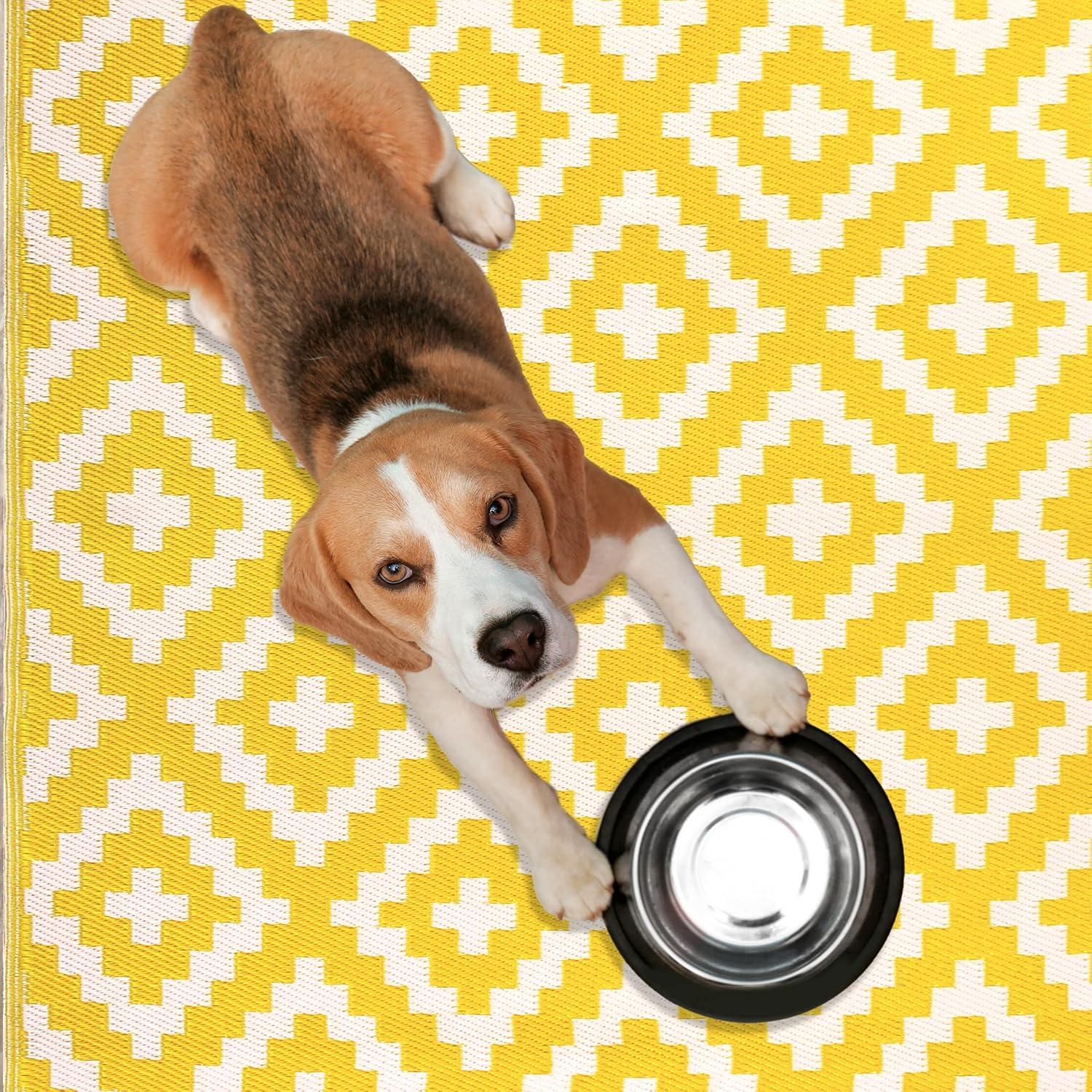 FH Home Outdoor Rug - Waterproof, Fade Resistant, Reversible - Premium Recycled Plastic - Geometric - Porch, Deck, Balcony, Mudroom, Laundry Room, Patio - Aztec - Yellow & White - 3 x 5 ft