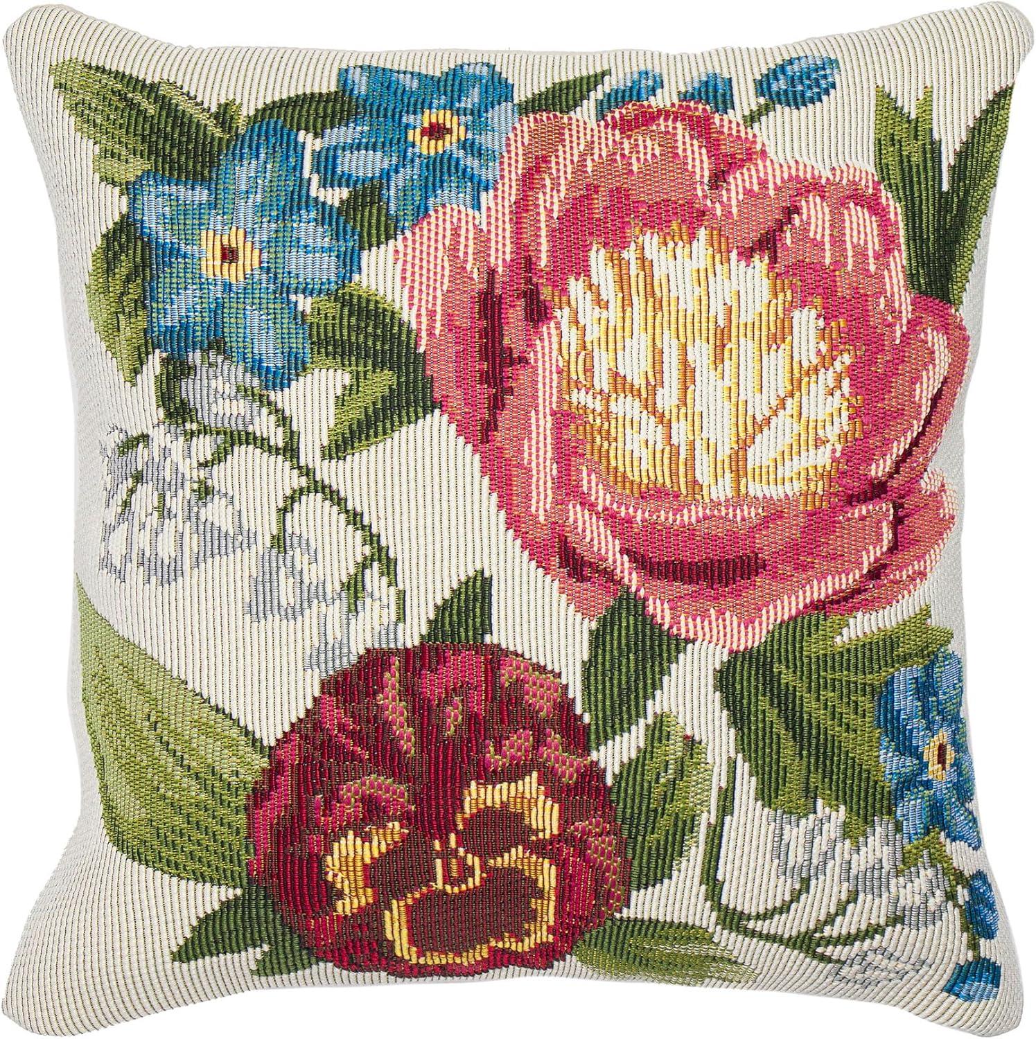 Cream Floral Indoor/Outdoor Square Pillow with Hidden Zipper