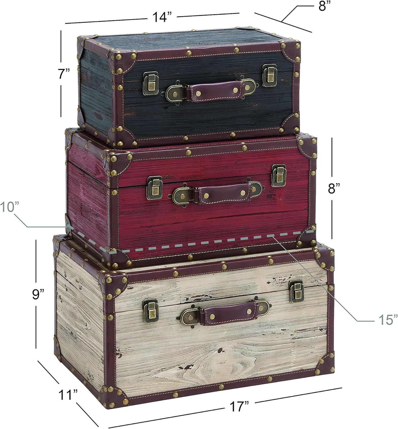 Set of 3 Multicolor Wood and Leather Storage Trunks