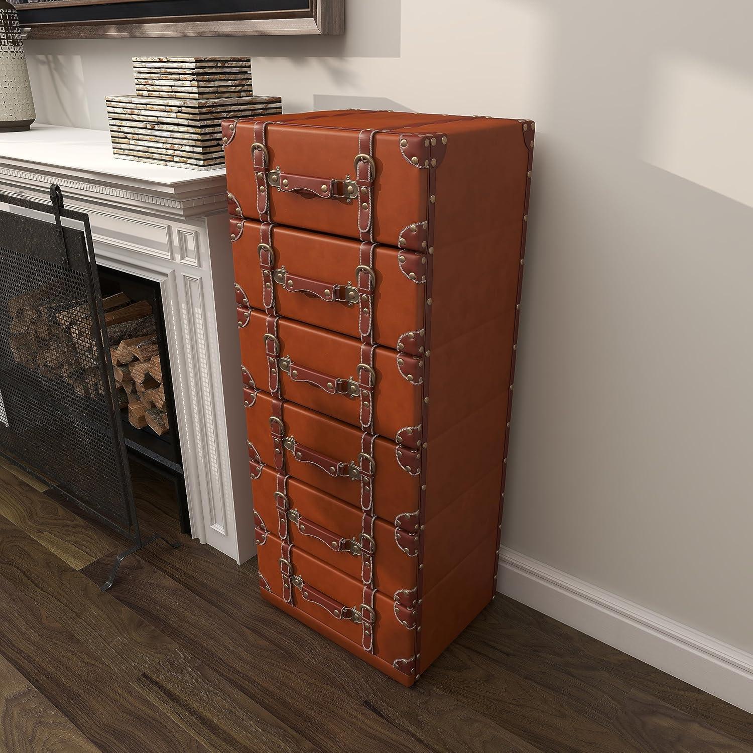 DecMode 16" x 42" Brown Wood Faux Leather 6 Drawers Chest with Buckle and Strap Detailing, 1-Piece