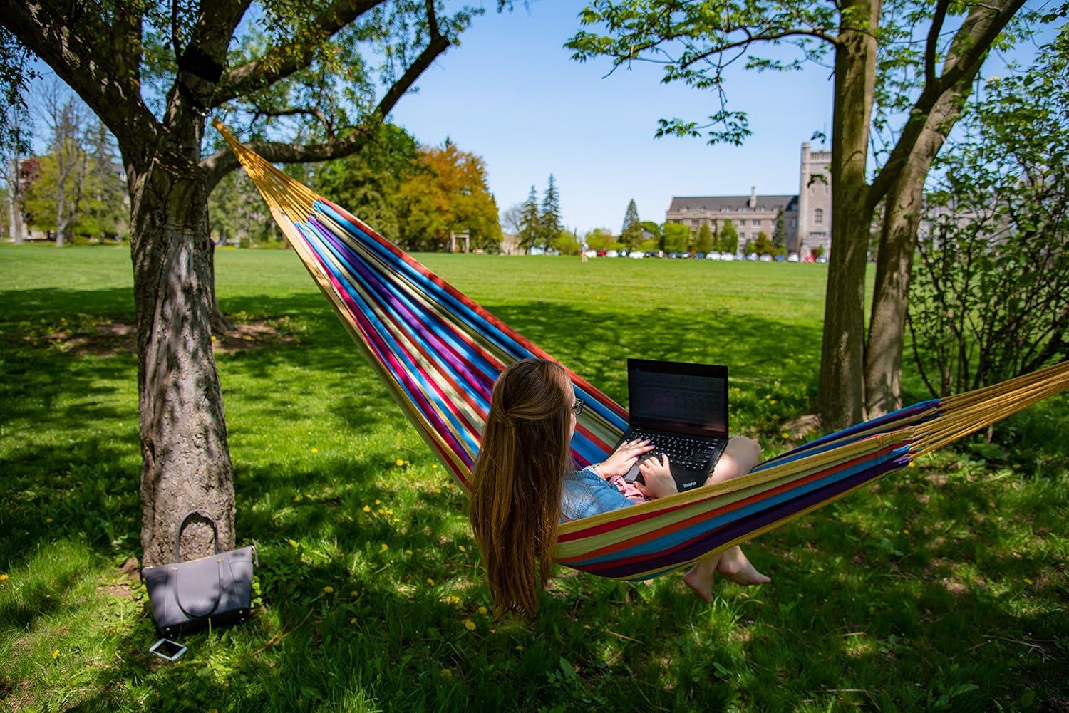 Multicolor Brazilian Style Cotton Double Hammock with Durable Polyester End Strings