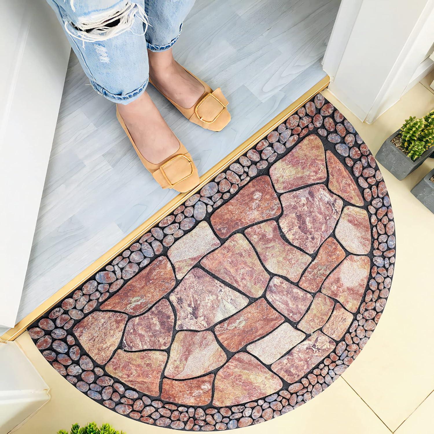 MANO Front Door Mat Outdoor Entrance, Heavy Duty Doormat Half Circle Rug for Outside Entry, Welcome Mat for Indoor Half Round Door Mats with Non Slip Rubber (21" x 33", Cobble)