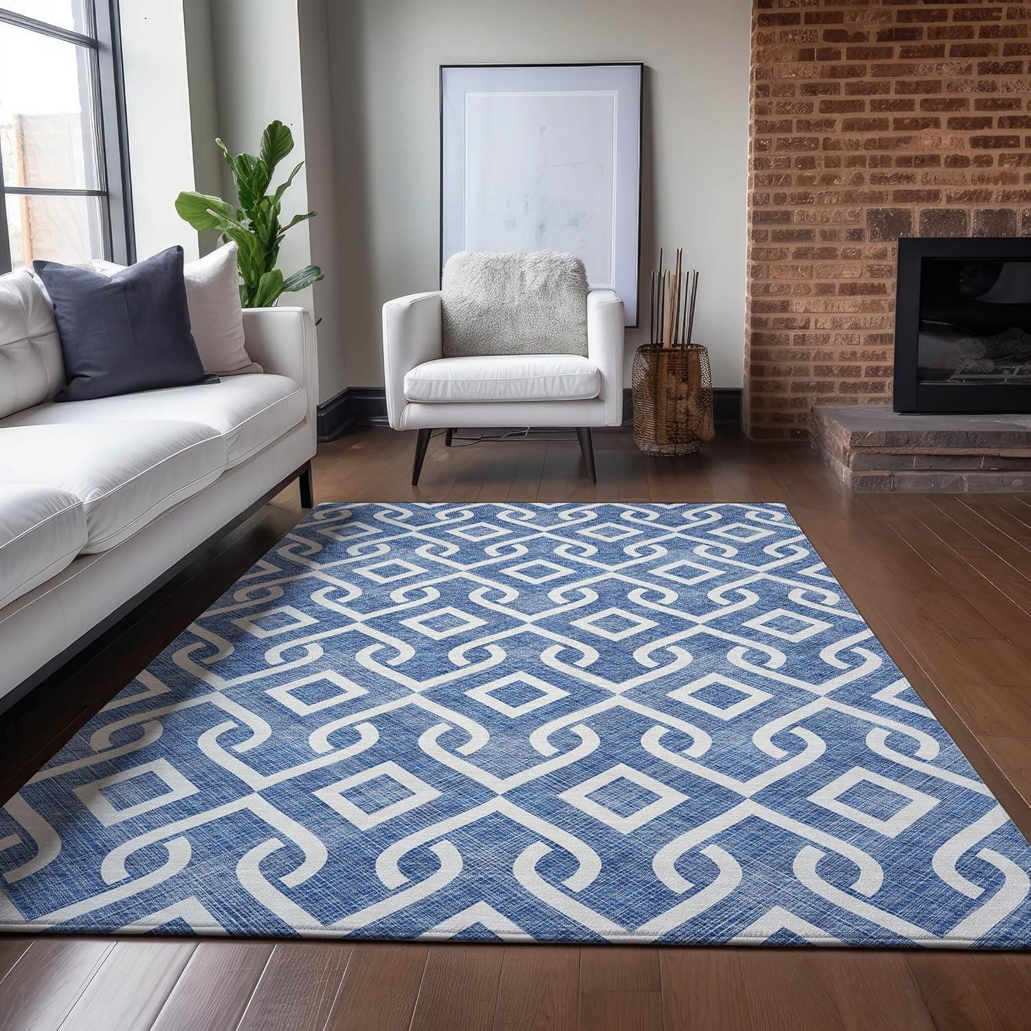 Blue Geometric Synthetic Rectangular Washable Rug 2'6" x 3'10"