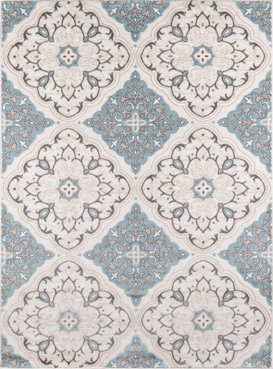 Ivory and Blue Floral Synthetic Rectangular Area Rug