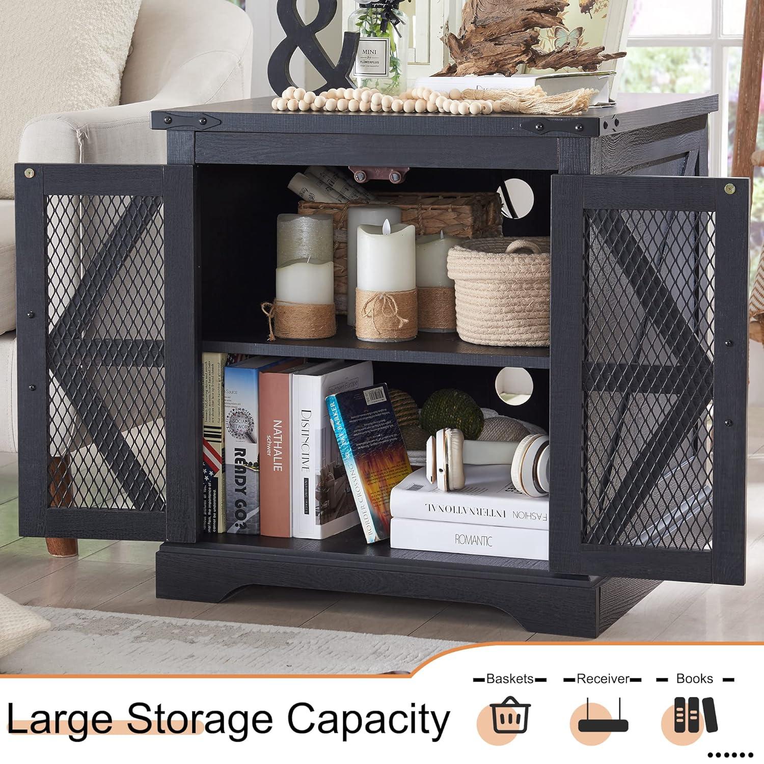 Farmhouse End Table, 24" Large Sofa Side Table with Charging Station, Mesh Barn Door, and Adjustable Storage Shelf, Rustic Wood Square Nightstand for Living Room, Bedroom, Office, Brown