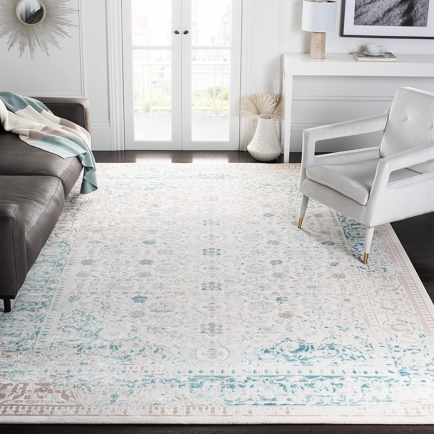 Ivory and Turquoise Rectangular Reversible Synthetic Area Rug