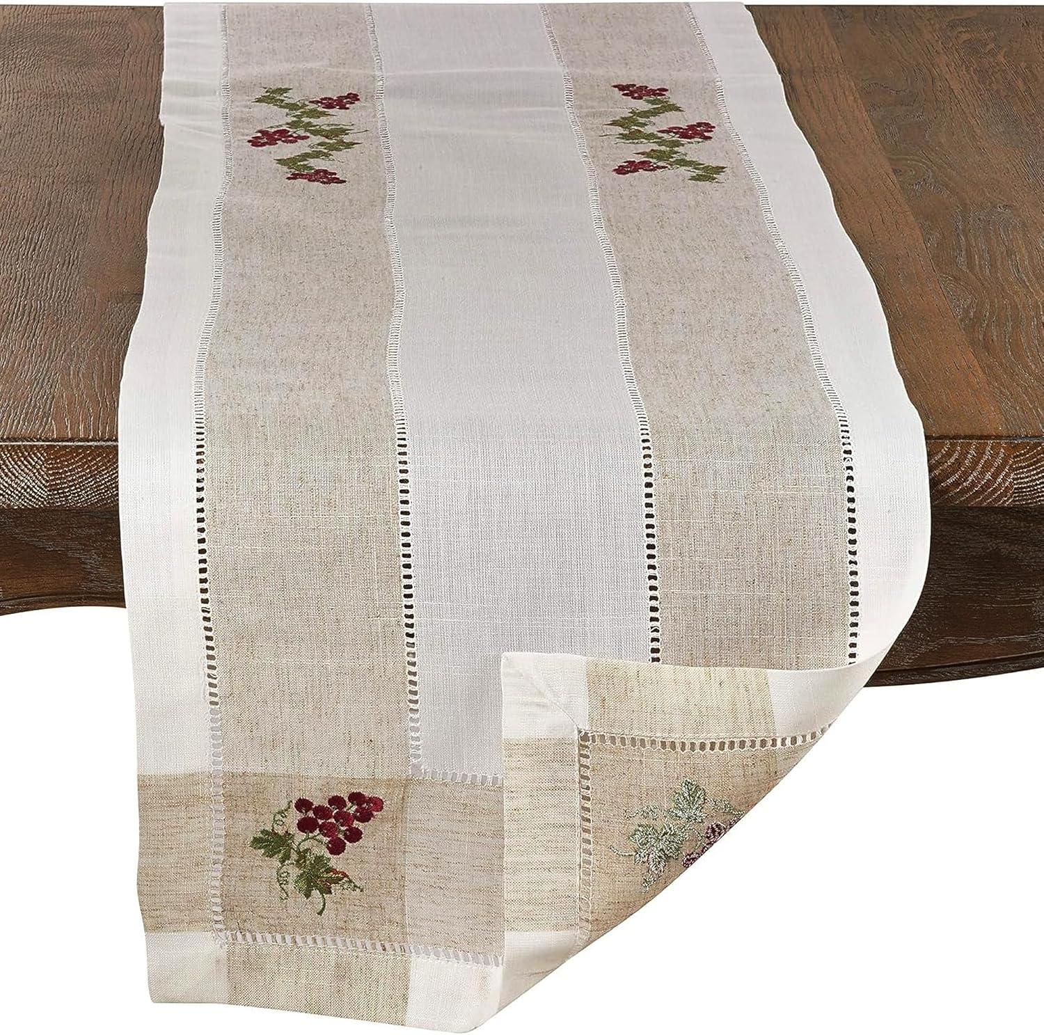 Ivory and Beige Embroidered Grape Hemstitch Table Runner