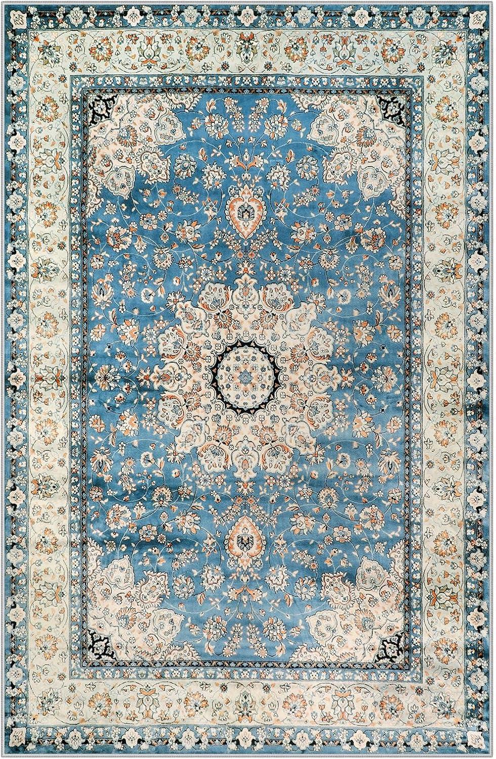 Lahome Area Rugs for Living Room 6'x9' Washable Oriental Floral Medallion Rug Indoor Printed Carpet Non Slip Mat for Dining Bedroom Office Dorm Classroom, Blue