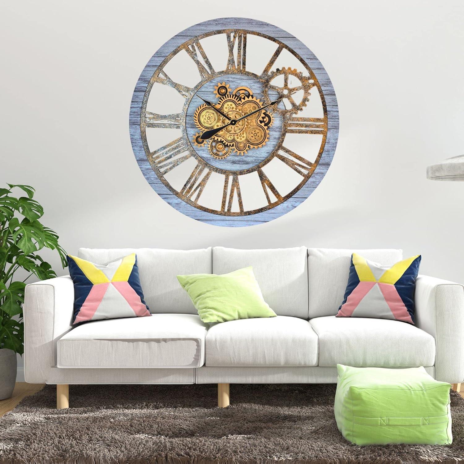 The Gears Clock Wall Clock 36" Round Oversized for Living Room decor with Real Moving Gears America Collection