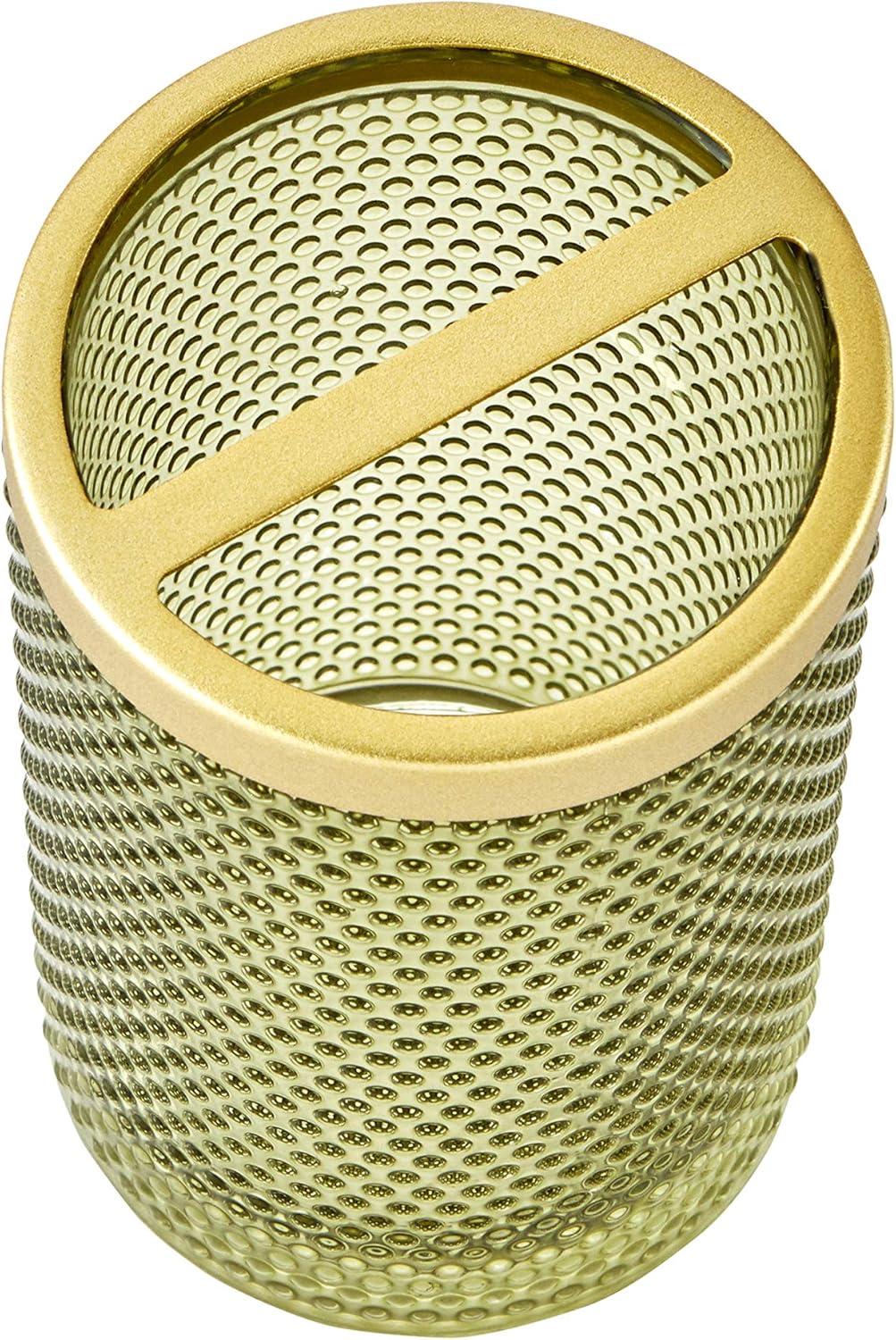 Sage Green Hobnail Glass Toothbrush Holder with Brushed Metal Trim