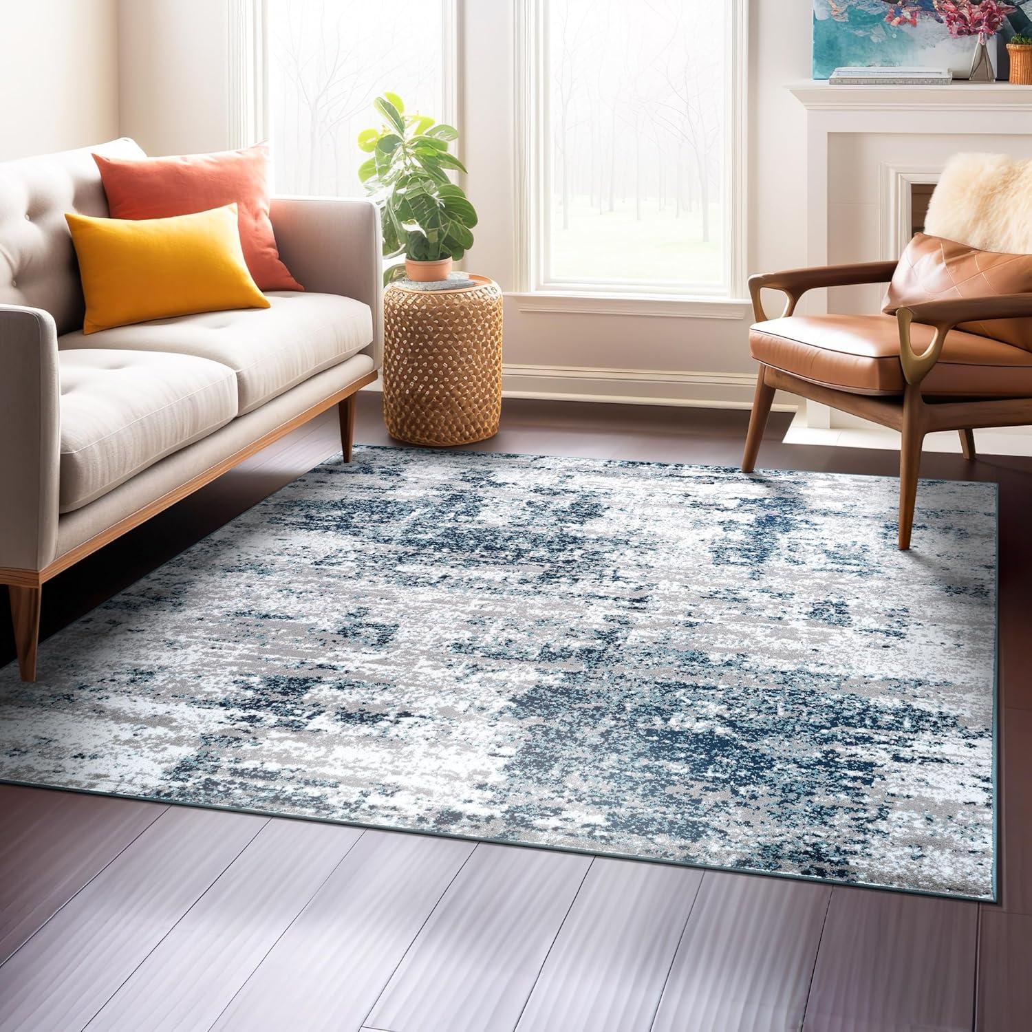 World Rug Gallery Distressed Abstract Area Rug - Blue 6'6"x6'6": Stain-Resistant, Low Pile, Pet Friendly, Machine Made