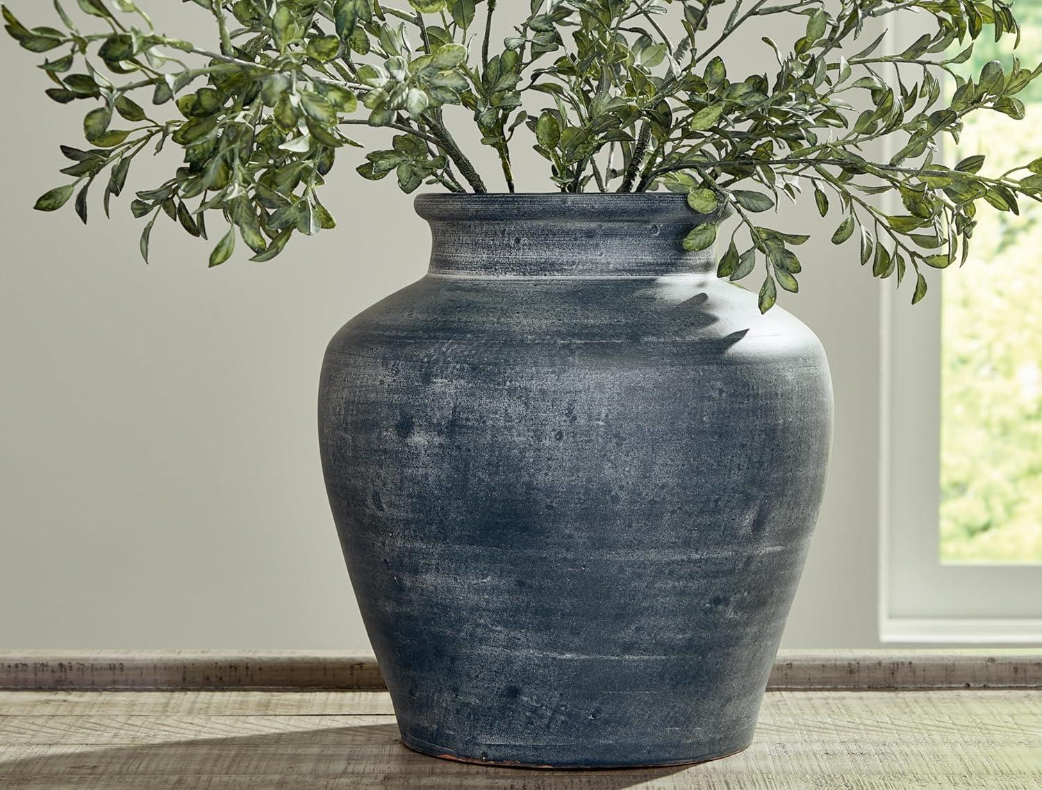 Distressed Blue Ceramic Table Vase with Wide Mouth