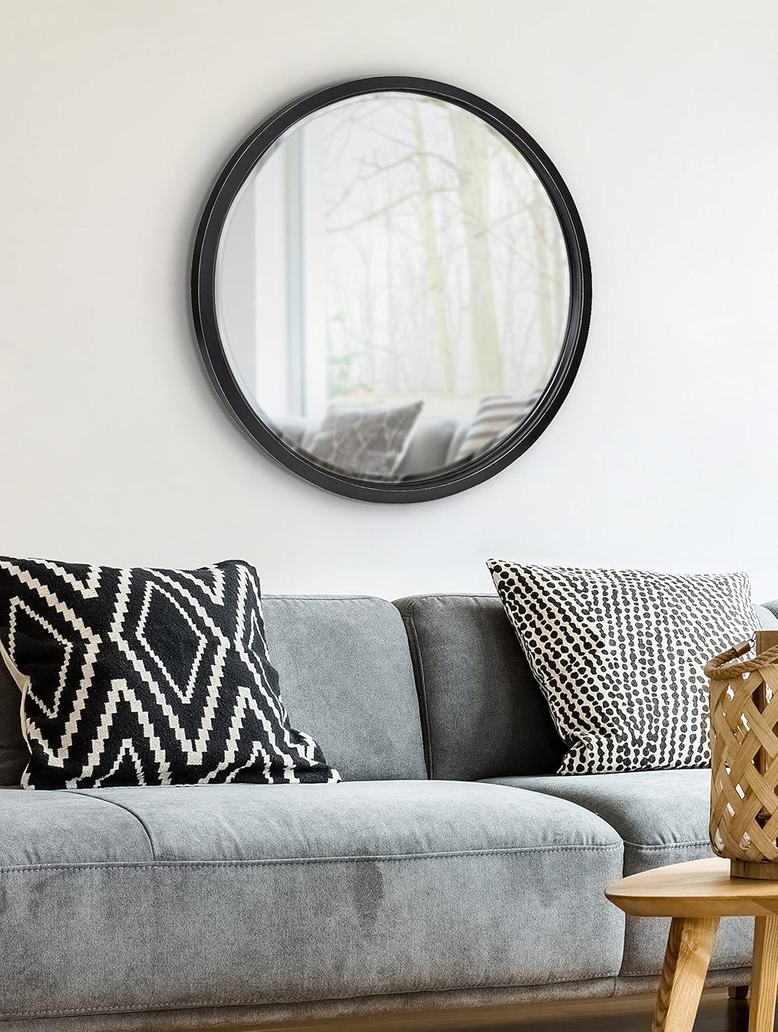 32" x 32" Hogan Round Framed Decorative Wall Mirror Walnut Brown : Modern Wood Frame, No Assembly Required