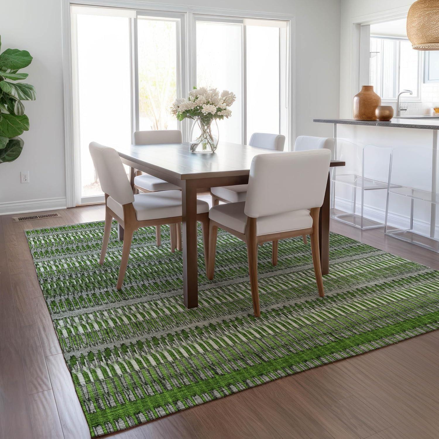 Green and Gray Striped 10' x 14' Synthetic Indoor Outdoor Rug