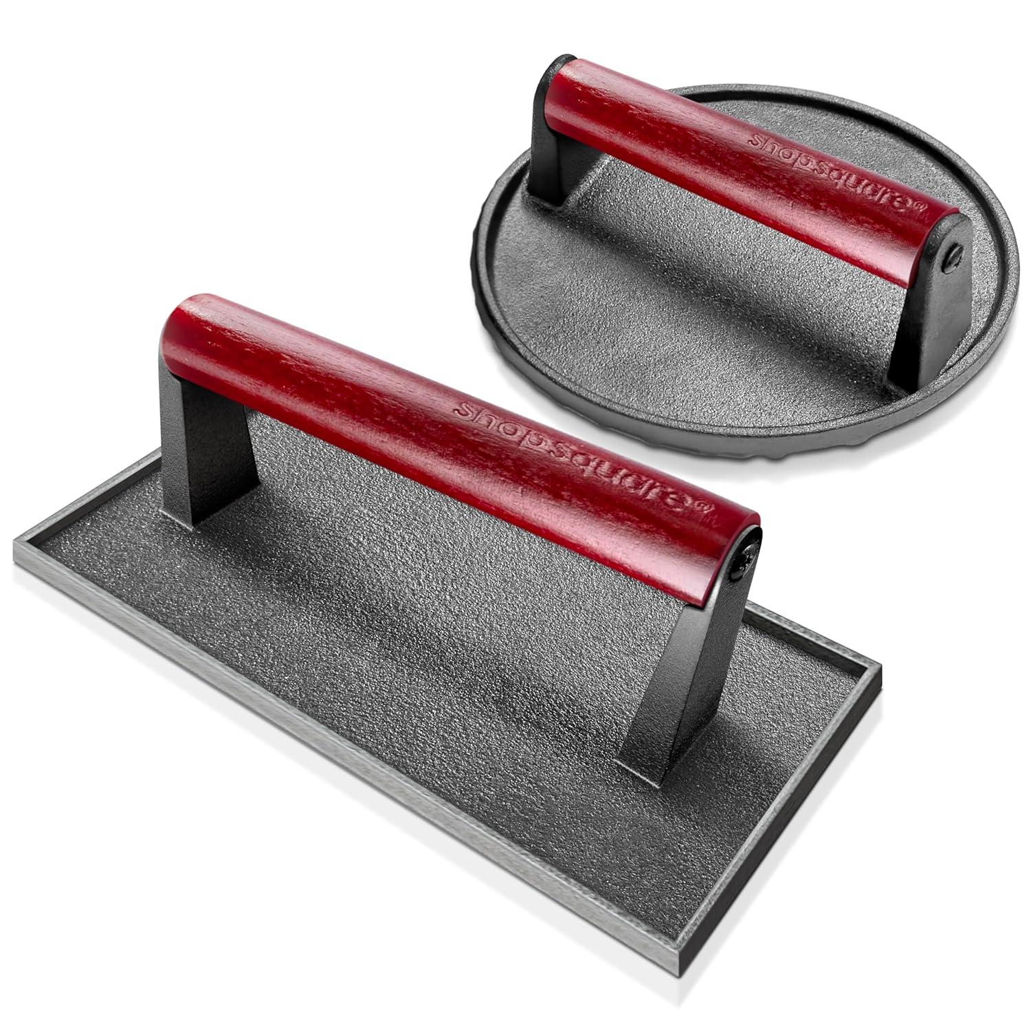 Rectangular and Round Cast Iron Grill Press with Red Wood Handle