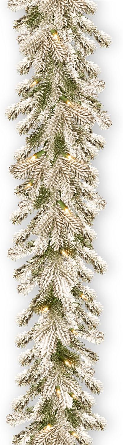 National Tree Company Pre-Lit 'Feel Real' Artificial Christmas Garland, Green, Sheffield Spruce, White Lights, With Frosted Branches, Plug In,9 Feet