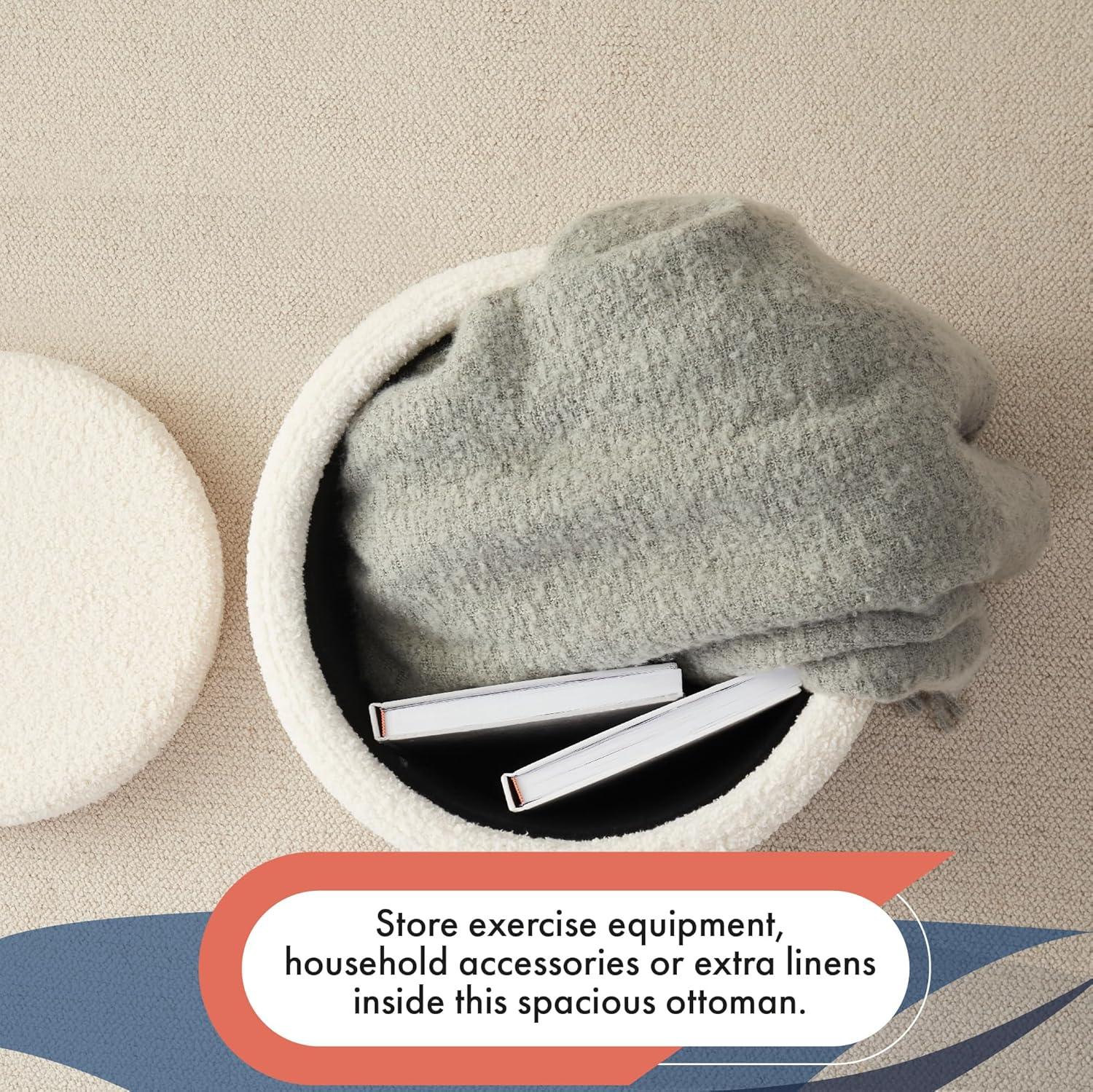 Ornavo Home Lawrence Round Storage Ottoman with Lift Off Lid and Tray Lid Coffee Table, Ottoman with Storage for Living Room, Bedroom and Office, Linen Gray