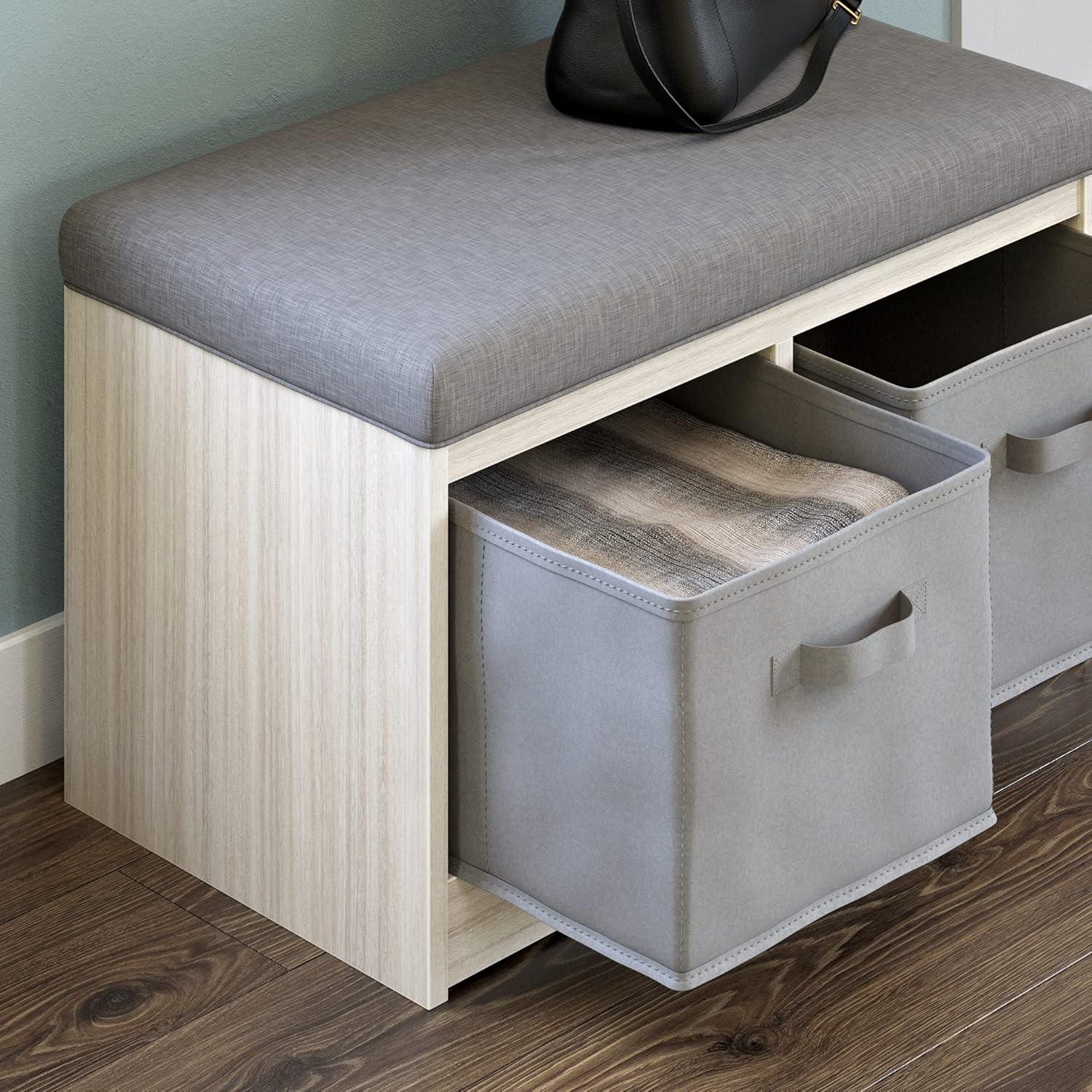 Gray and Natural Upholstered Storage Bench with Removable Baskets