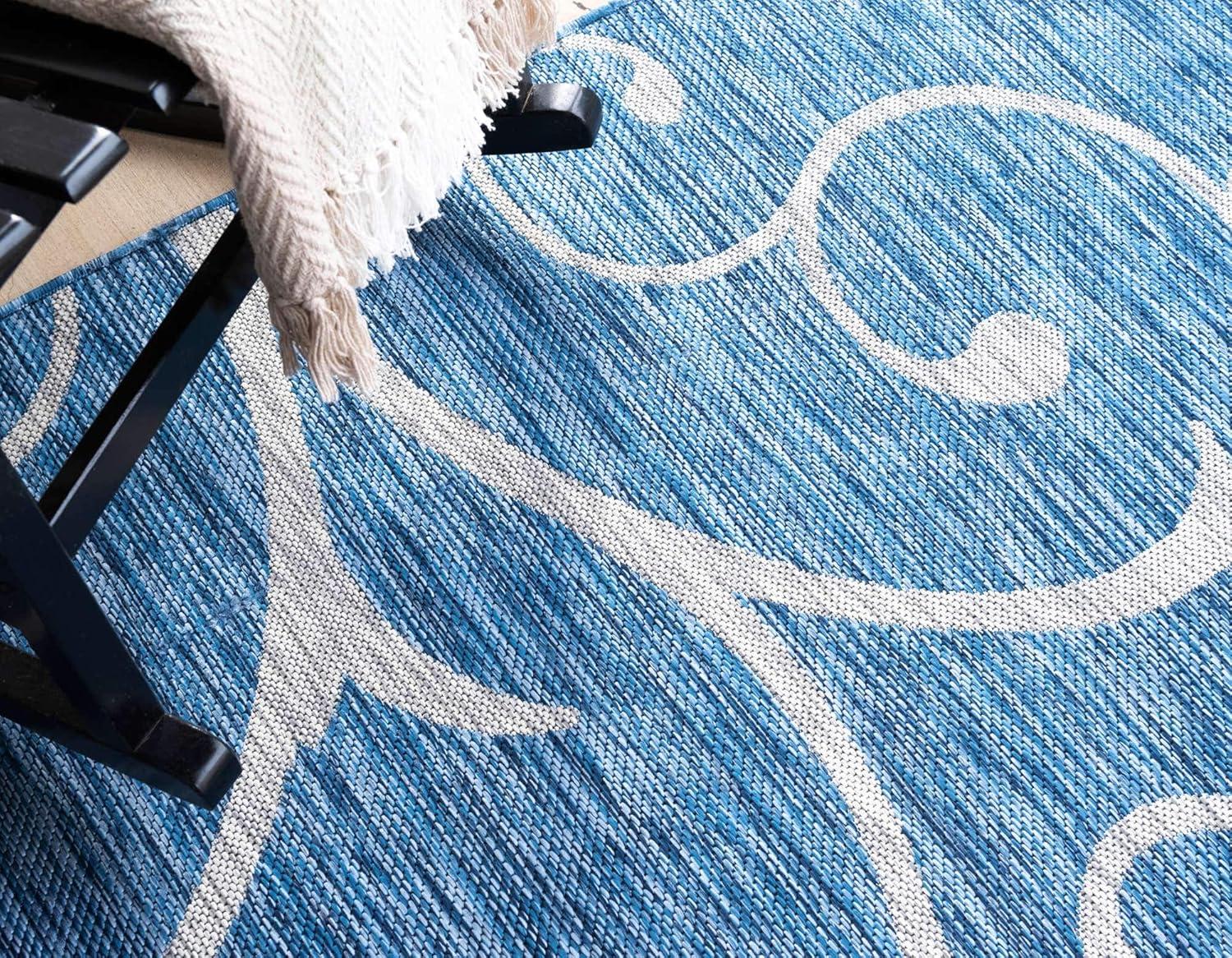 Unique Loom Curl Indoor/Outdoor Botanical Rug Blue/Ivory 2' x 6' 1" Runner Damask Modern Perfect For Patio Deck Garage Entryway