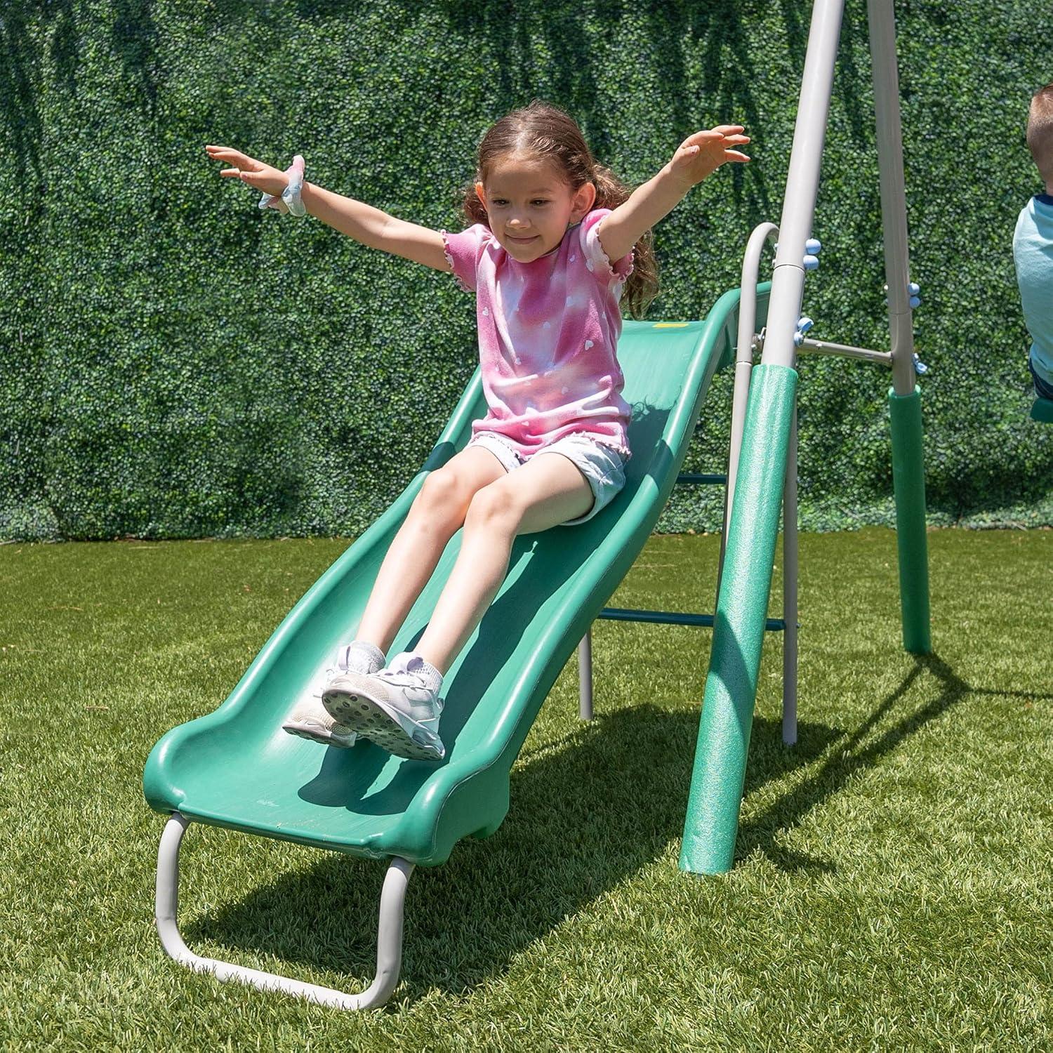 The Swing Company Yonkers Metal Swing Set with Glide Ride Trapeze Bar and 5' Slide