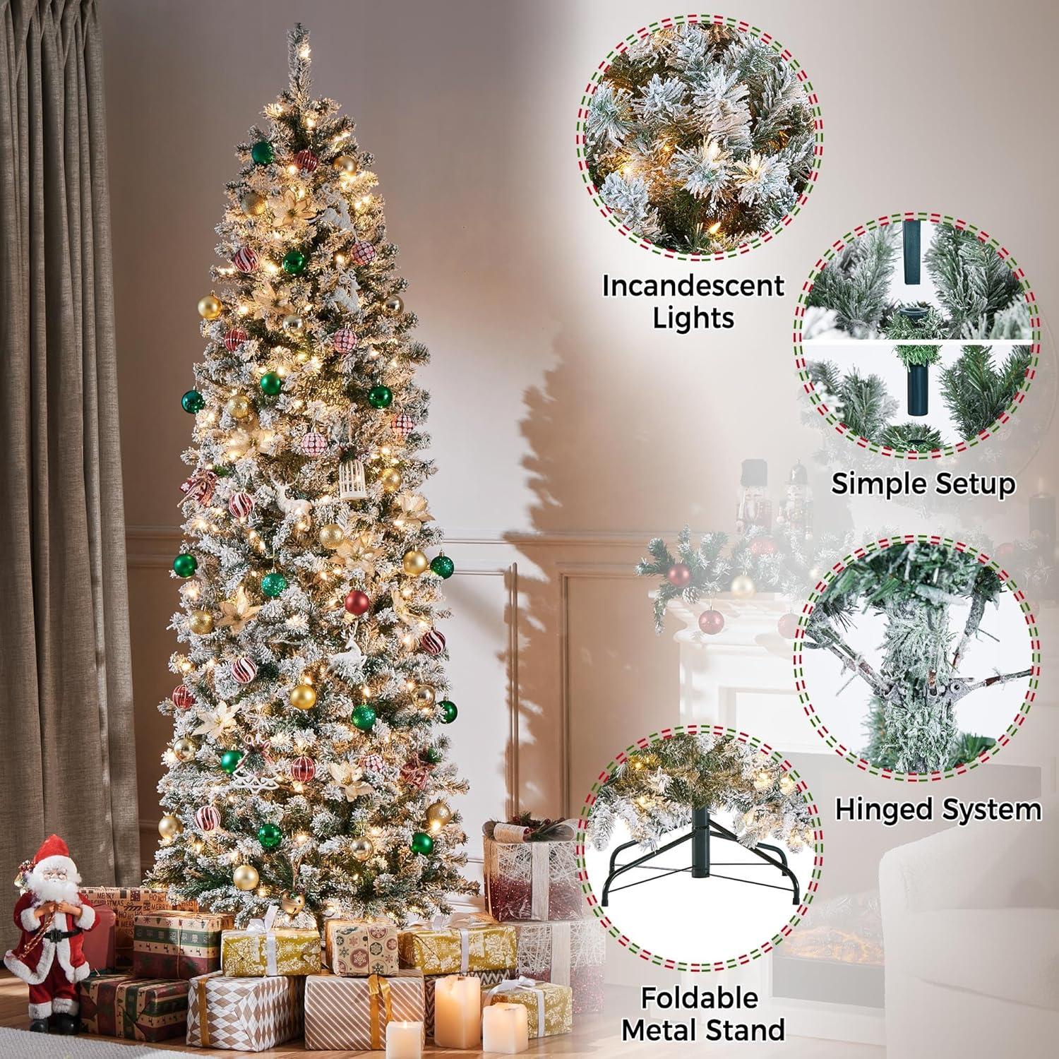 7.5ft Pre-lit Snow-Flocked Kingswood Fir Pencil Artificial Christmas Tree