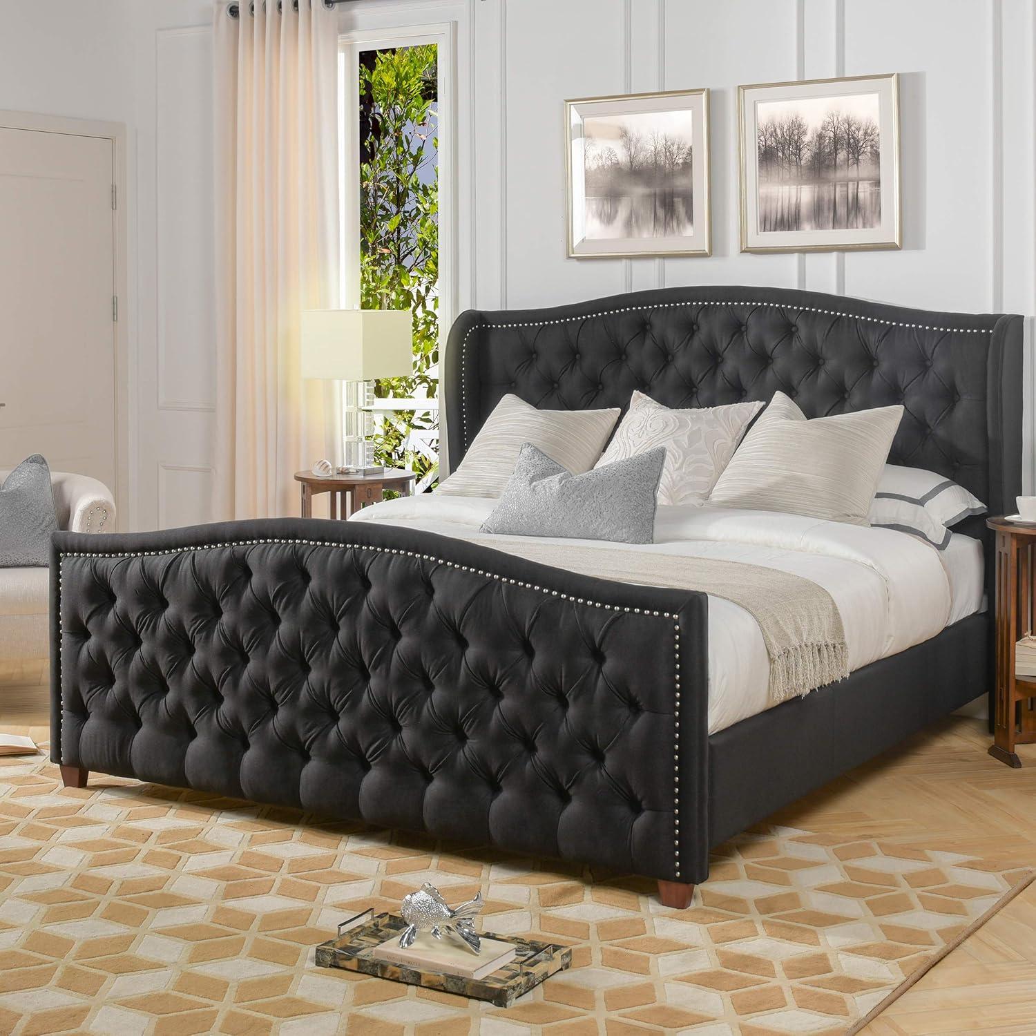 Marcella Jet Black Tufted King Bed with Nailhead Trim