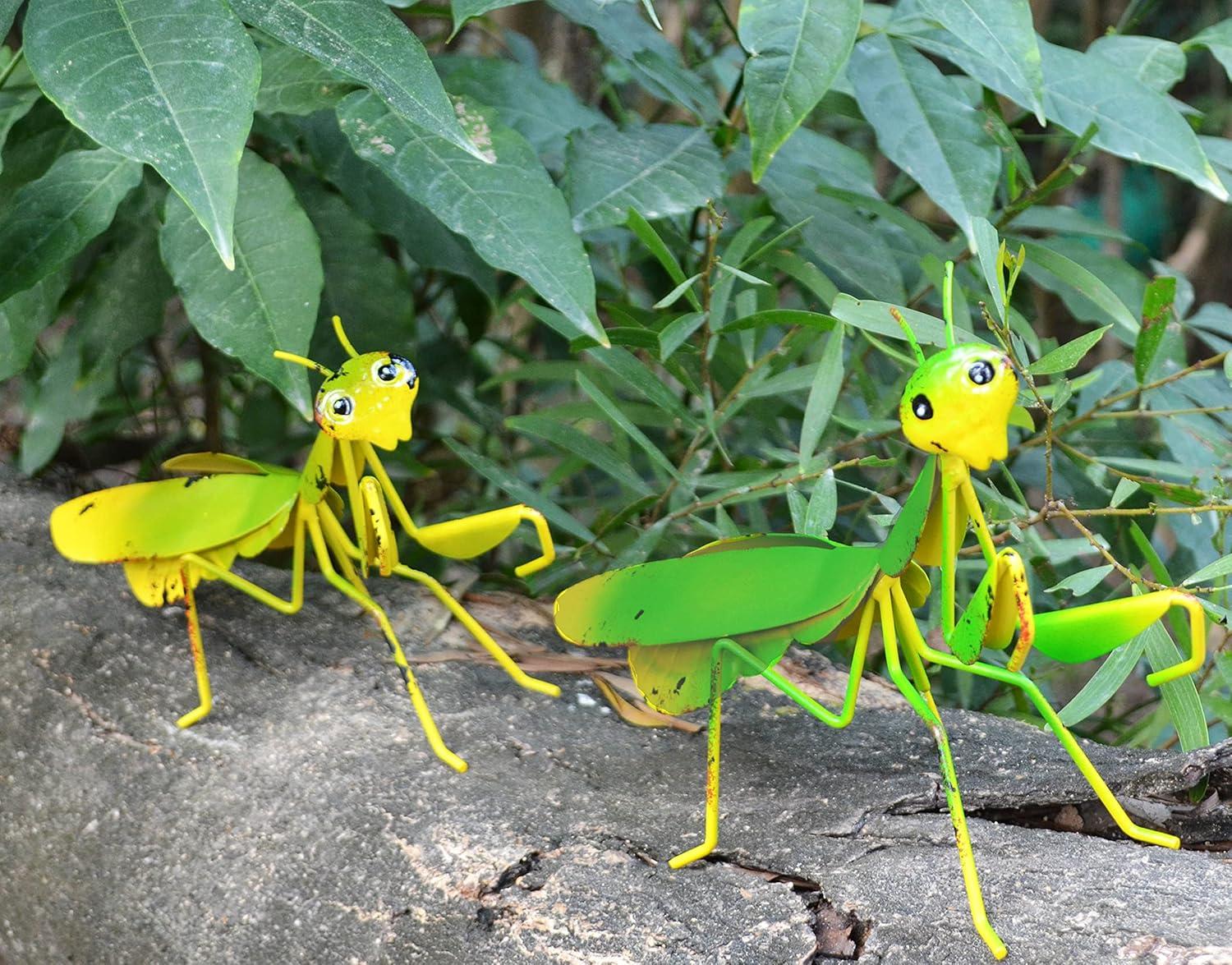 Vibrant Green and Yellow Metal Praying Mantis Garden Decor Set