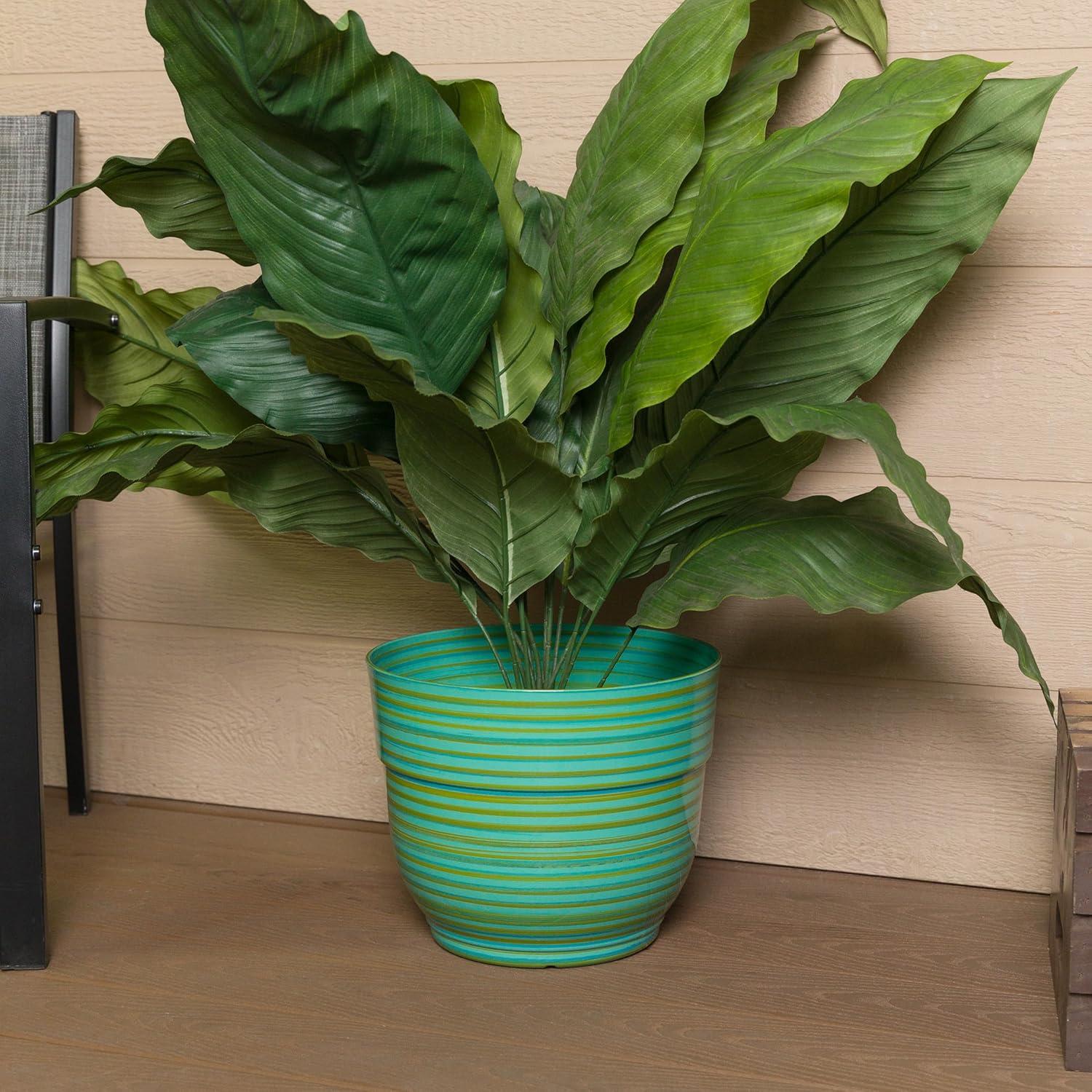 Alpine Corporation Glossy Striped Indoor Outdoor Planter with Drainage Hole Turquoise 13"x13"x11": Polypropylene, Freestanding
