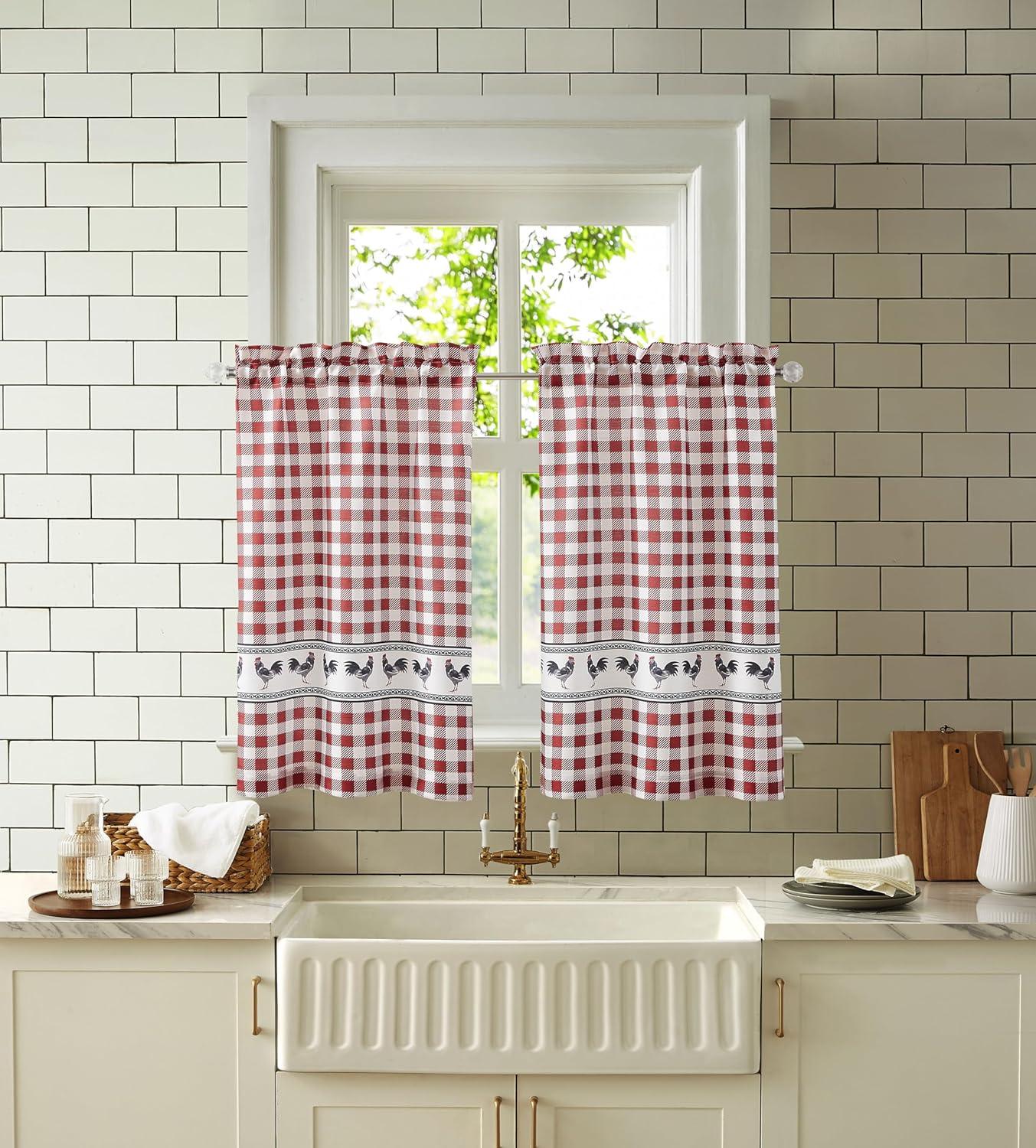 Red Gingham Rooster Print Polyester Kitchen Curtain Set