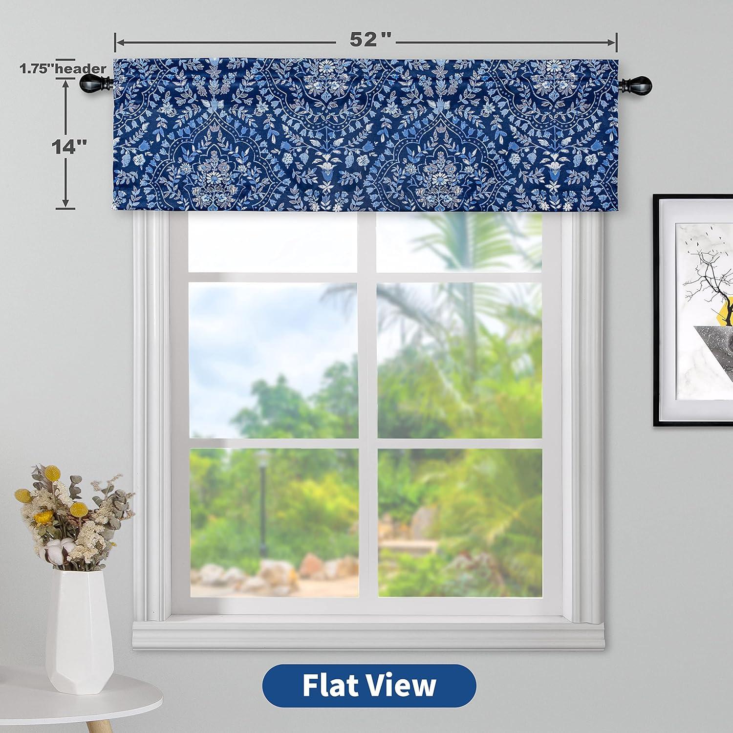 Navy Blue Floral Damask Blackout Rod Pocket Valance 52" x 14"