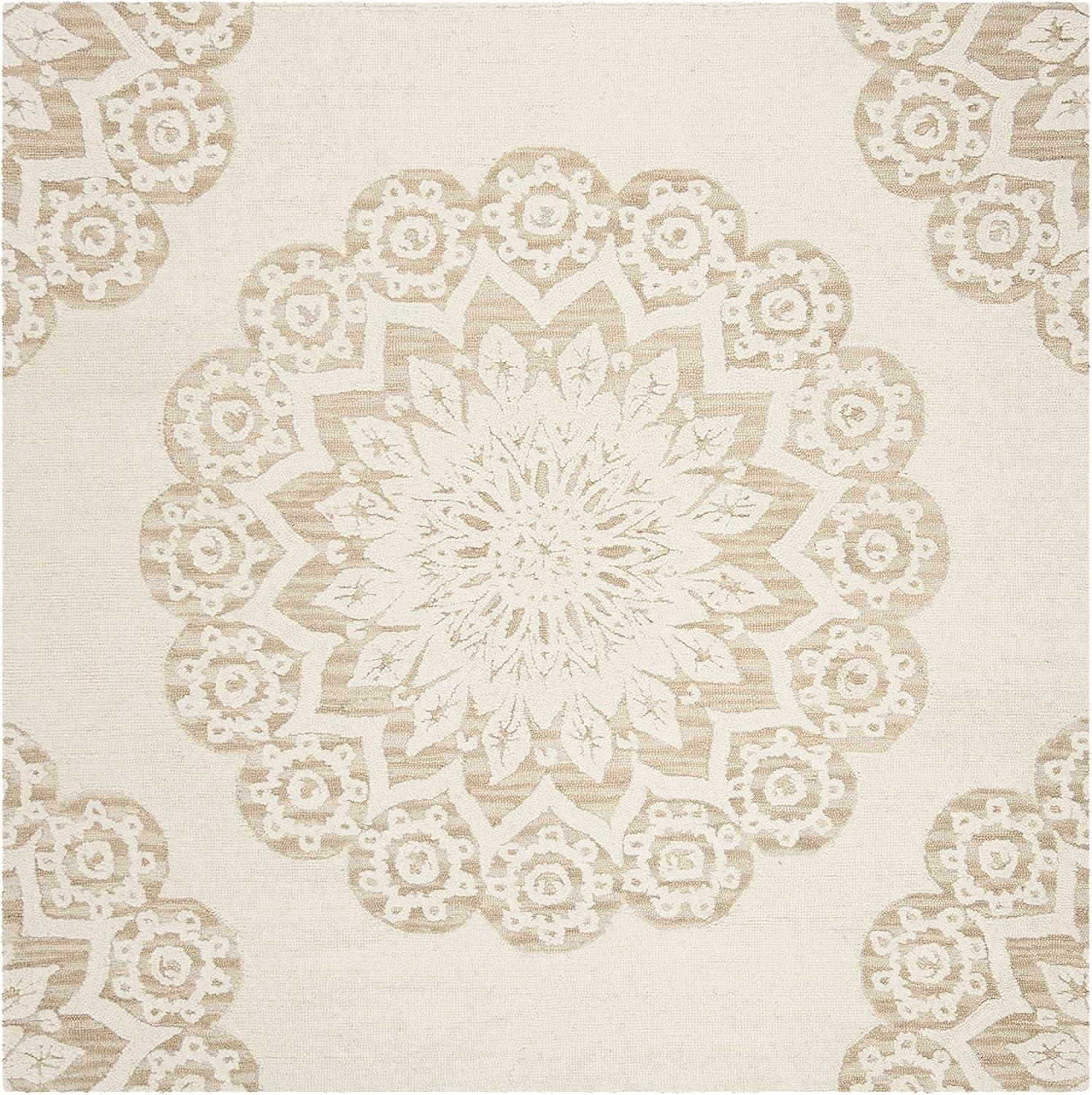 Ivory Floral Tufted Square Wool Handmade Area Rug 62"