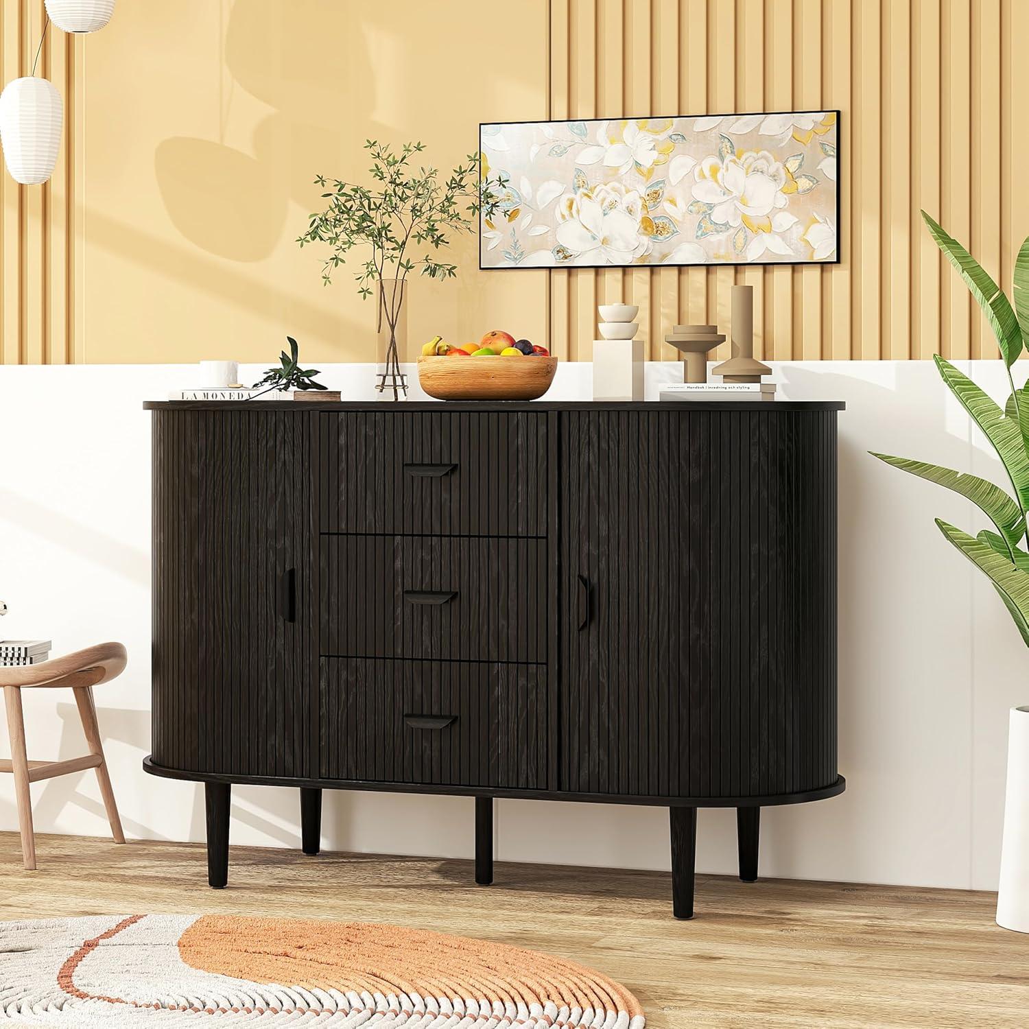 Black Fluted Sideboard with Sliding Doors and Drawers