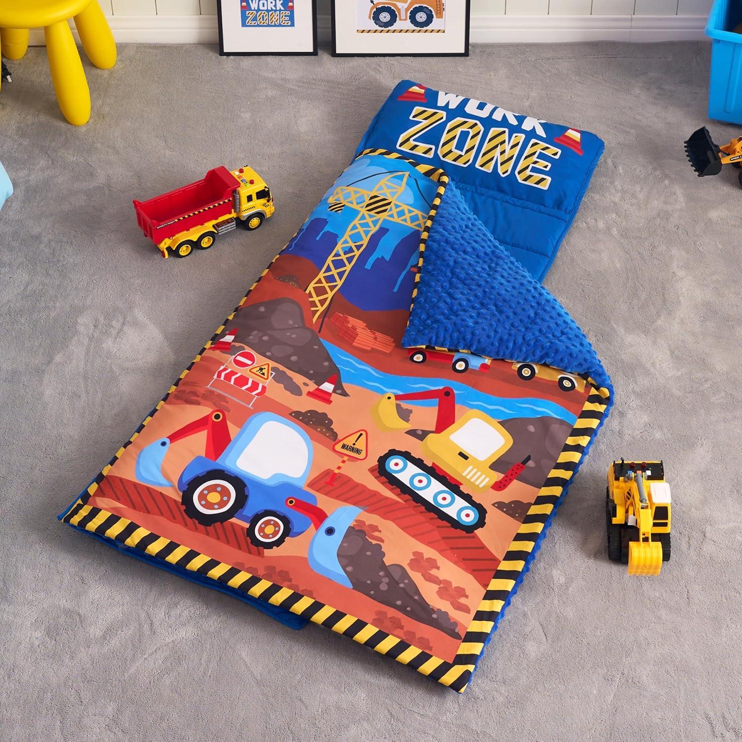 Joyfy Construction Scenes Toddler Nap Mat with Pillow & Blanket- 55''*30'' for Kids Ages 3-7 Years - Kids Roll Up Nap Mat for Preschool & Sleepovers