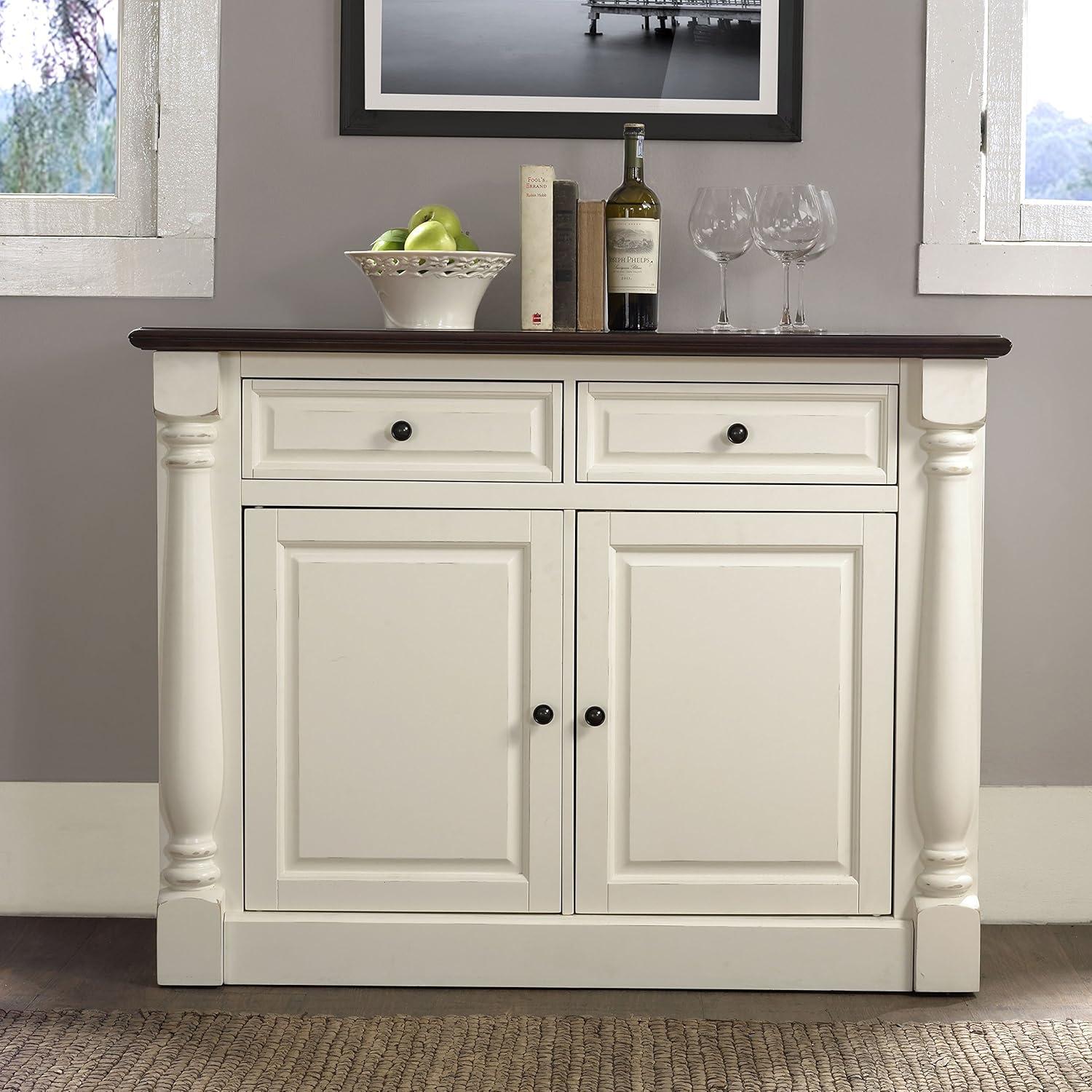 Elegant Distressed White Carved Sideboard with Adjustable Shelves