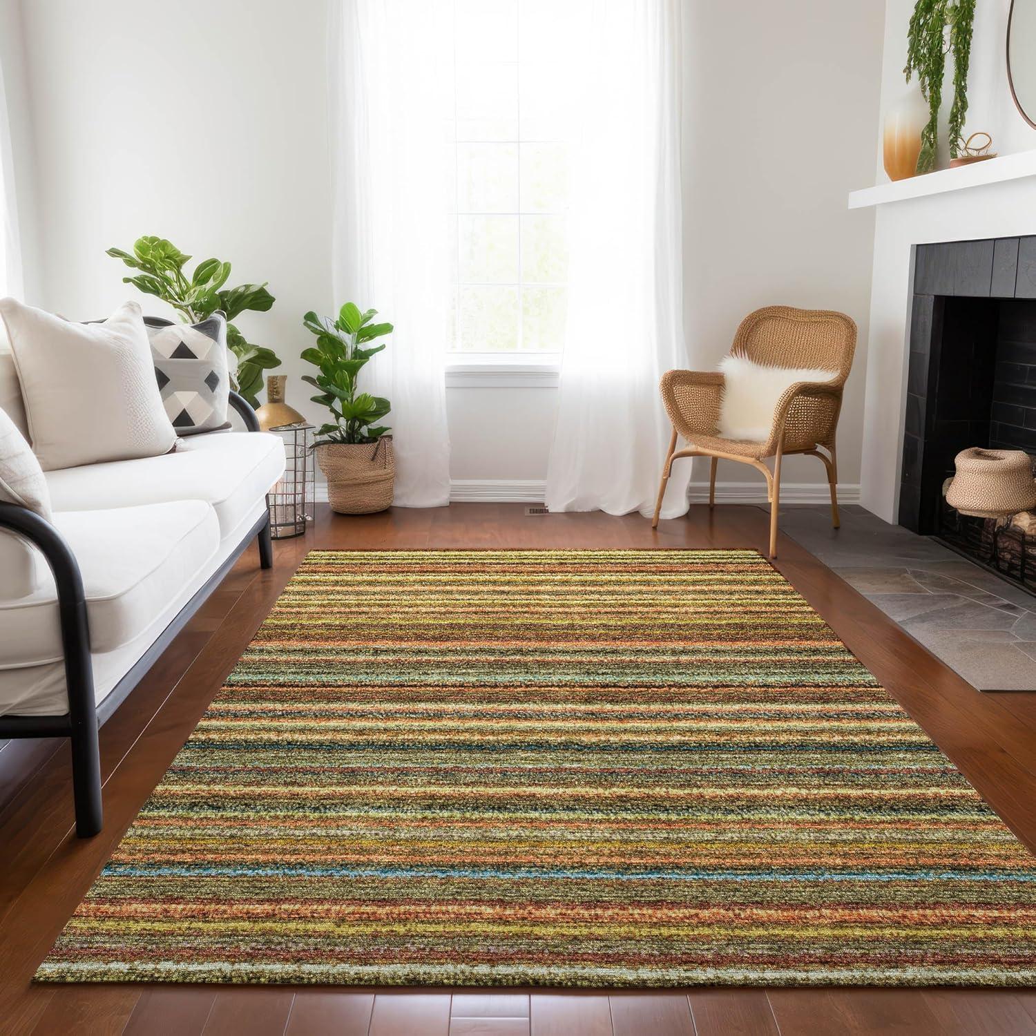 Coral and Multicolor Striped Synthetic Rectangular Rug 2'6" x 3'10"