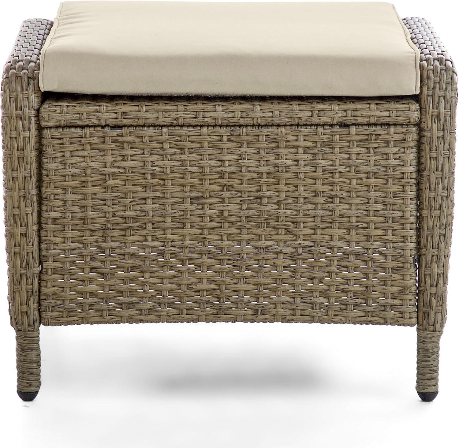 Beige and Natural Brown Wicker Outdoor Ottomans with Cushions, Set of 2