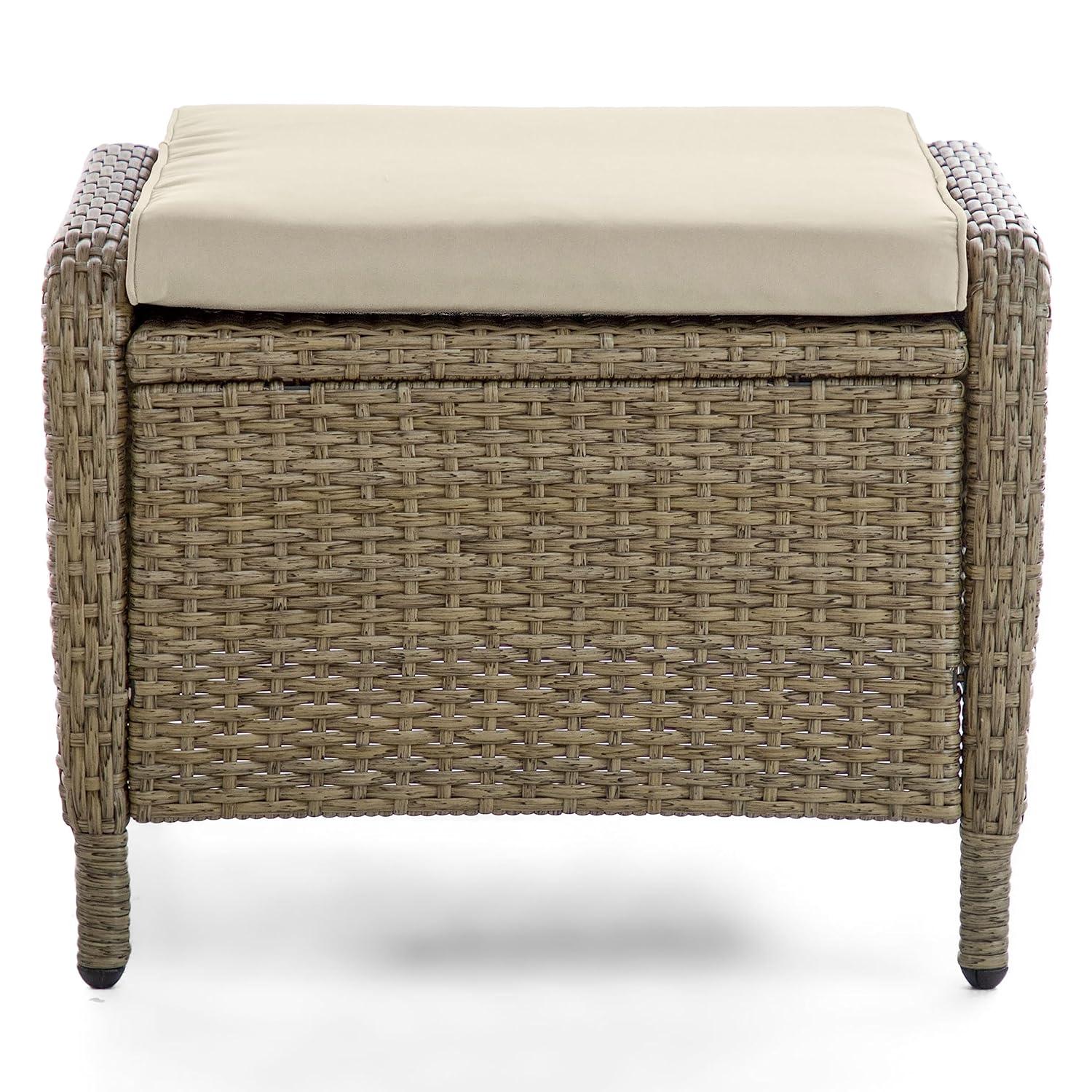Beige and Natural Brown Wicker Outdoor Ottomans with Cushions, Set of 2