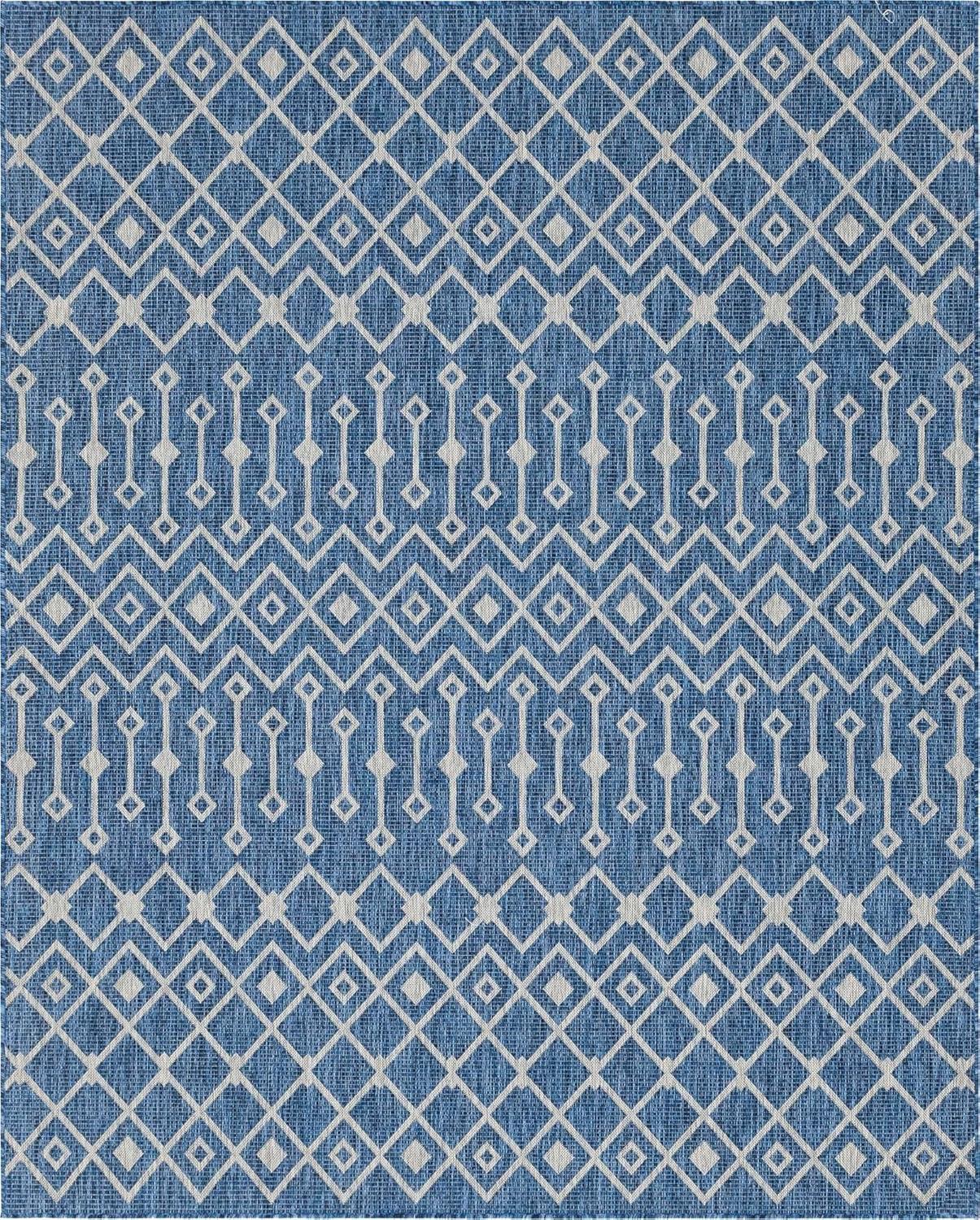 Unique Loom Outdoor Trellis Collection Area Rug - Tribal Trellis (8' x 10' Rectangle Blue/Ivory)