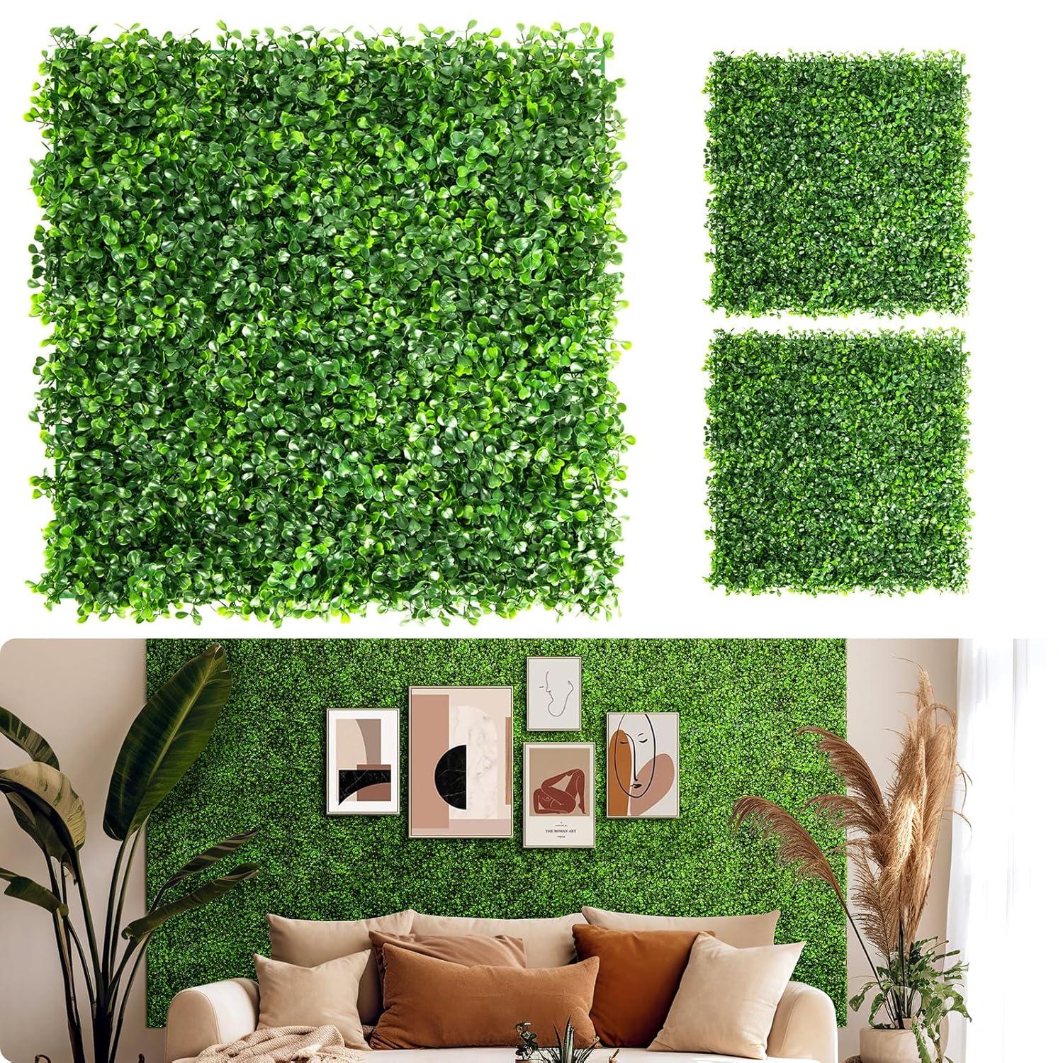 Artificial Boxwood Plant Hedge, Green Grass Backdrop, Indoor and Outdoor Use (Set of 12)