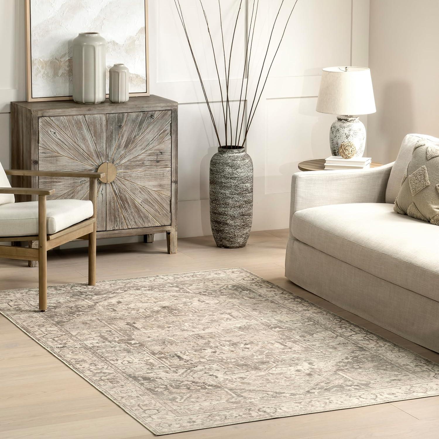 Nuloom 6 Round Machine Washable Rain Haven Vintage Medallion Indoor Area Rug, Grey Non-Slip Backing, Stain Resistant,  BedroomLiving Room, Kitchen